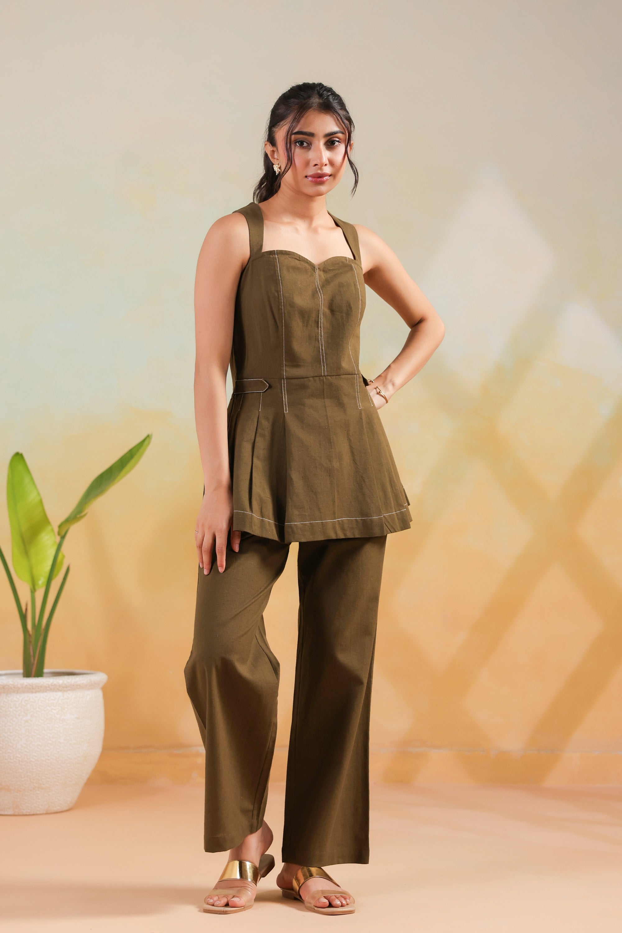 Olive Soid Cotton Flex Structured Peplum Designer Co-ord Set with Straight Pants