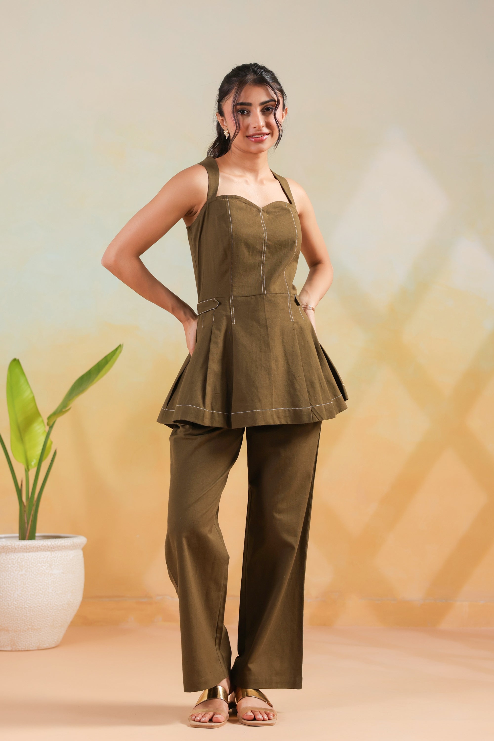 Olive Soid Cotton Flex Structured Peplum Designer Co-ord Set with Straight Pants