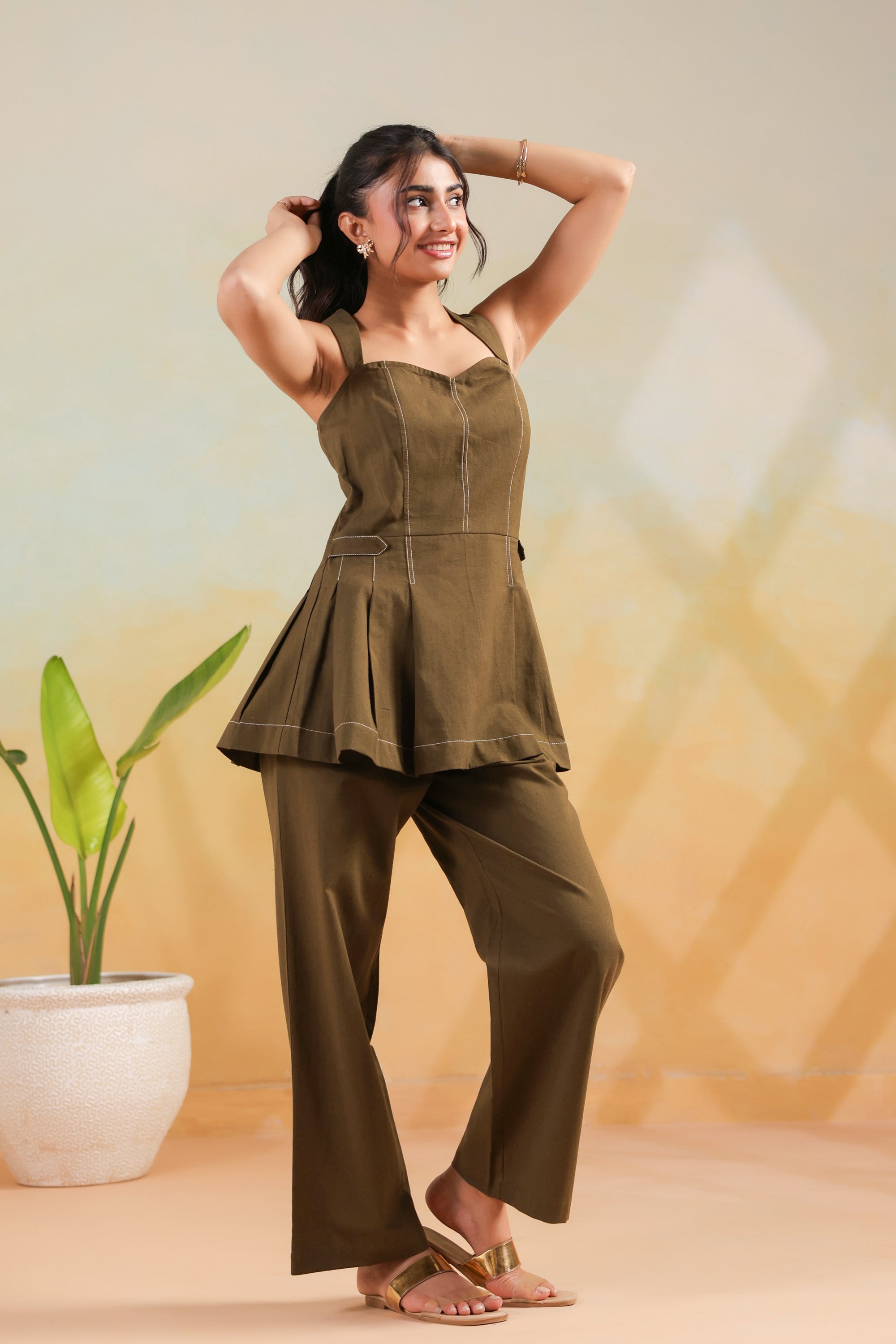 Olive Soid Cotton Flex Structured Peplum Designer Co-ord Set with Straight Pants
