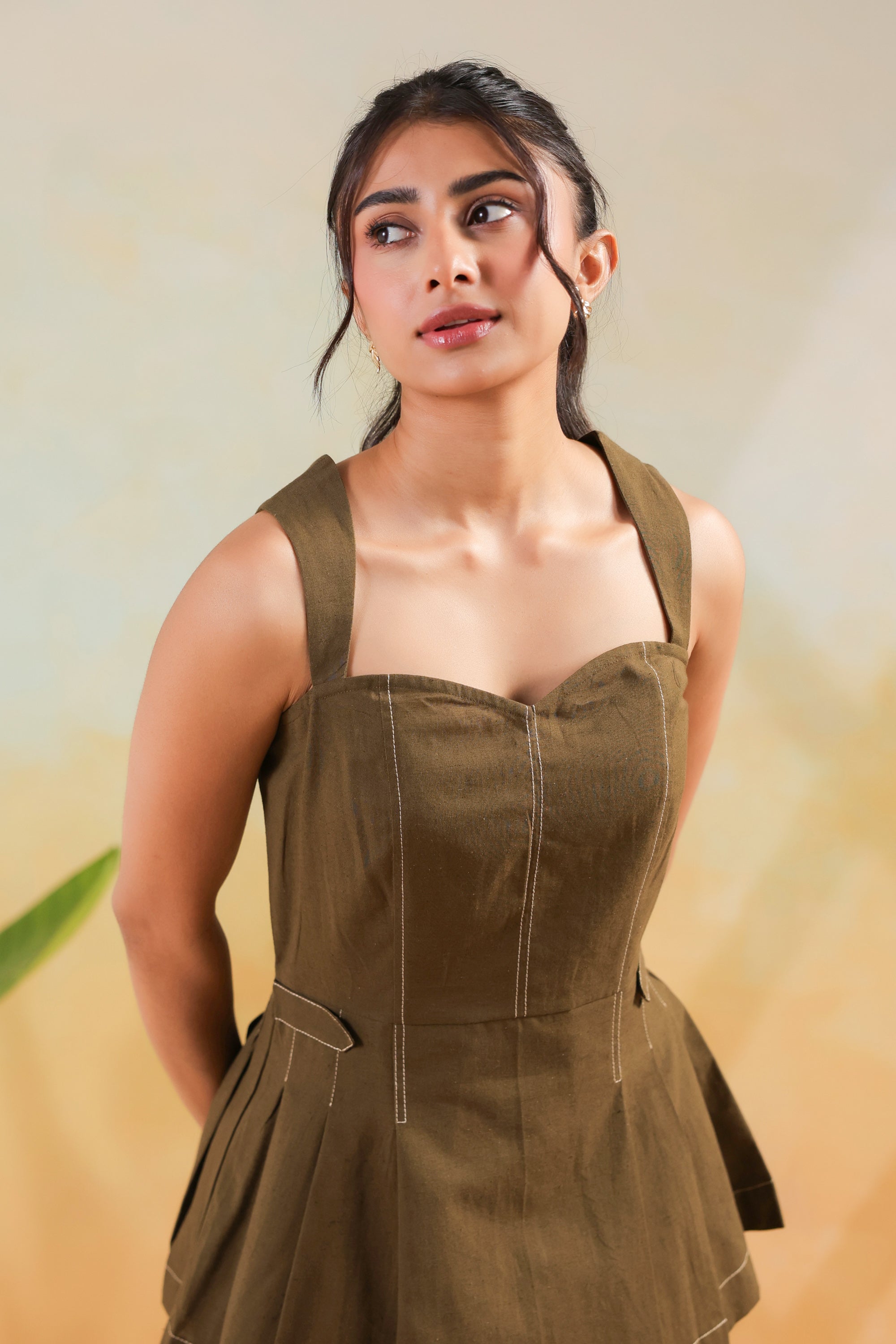 Olive Soid Cotton Flex Structured Peplum Designer Co-ord Set with Straight Pants