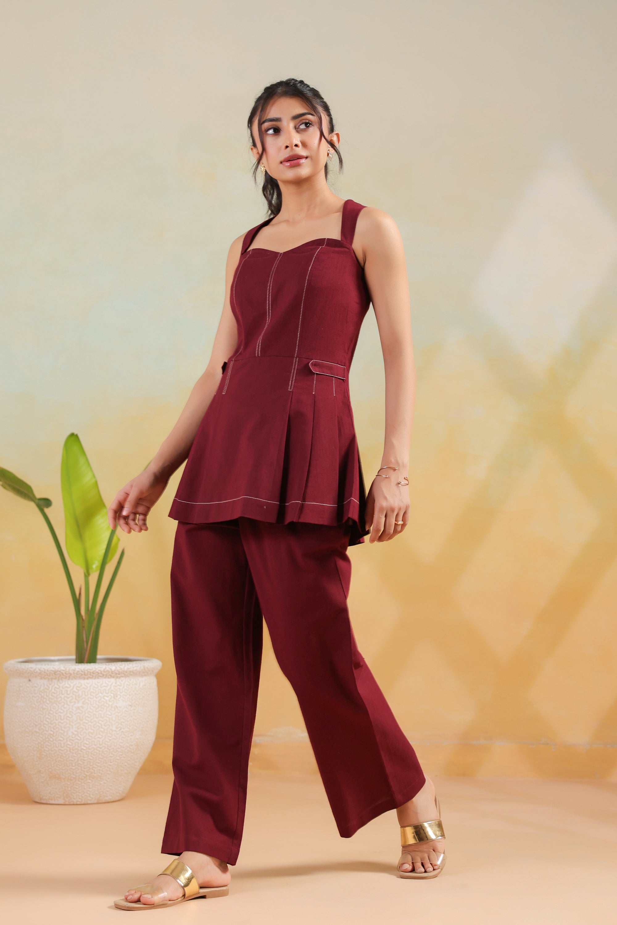 Wine Solid Cotton Flex Structured Peplum Designer Co-ord Set with Wide Pants