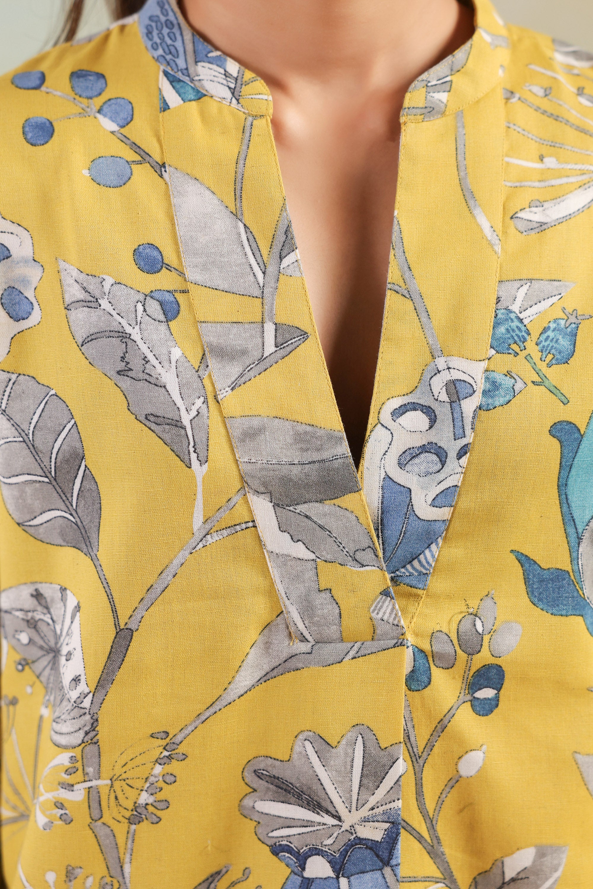 Mustard Sunshine Floral Leaf Printed Regular Fit Cotton Flex Co-ord Set
