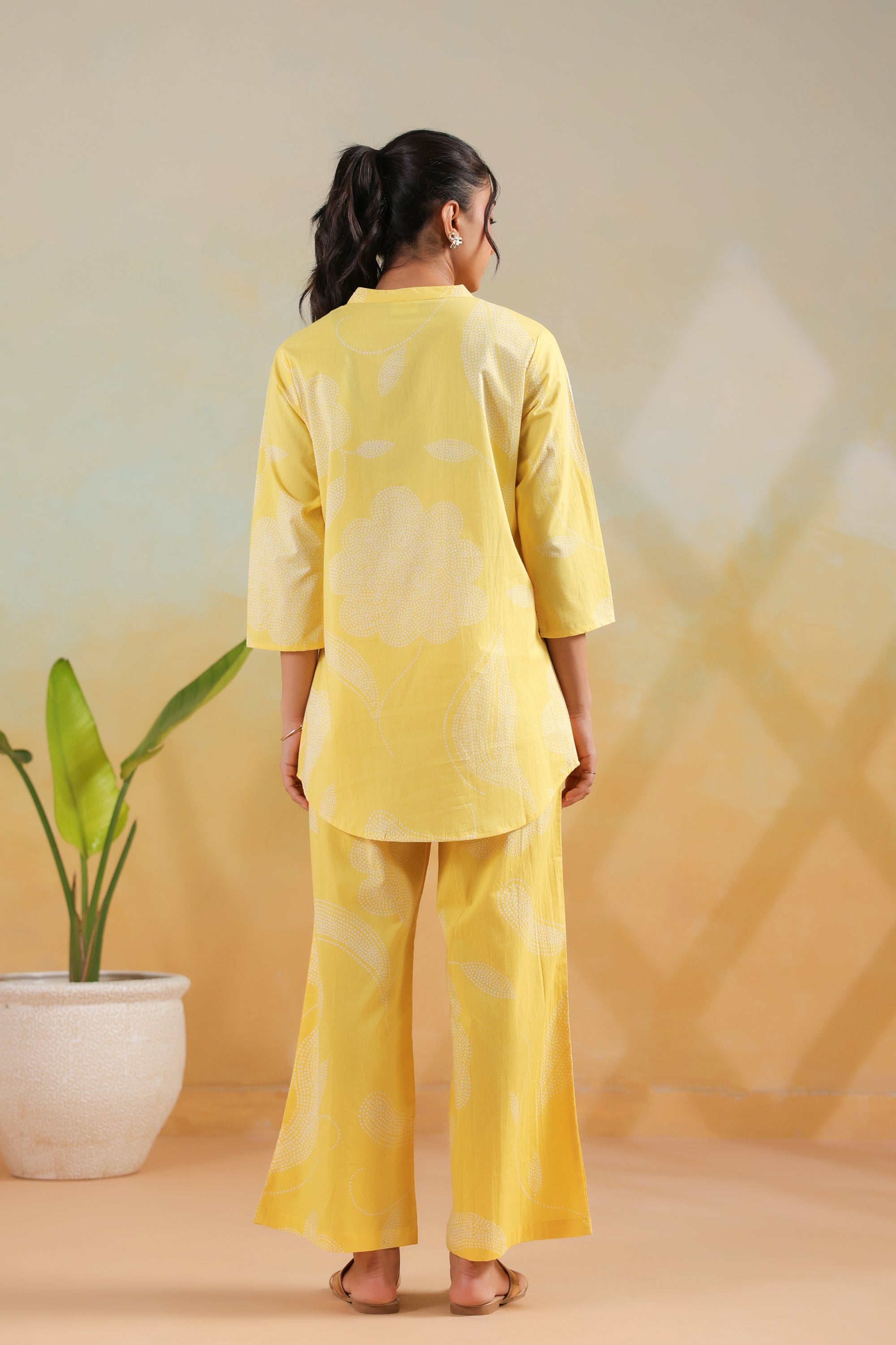 Pastel Yellow Floral Printed Casual Cotton Flex Co-ord Set