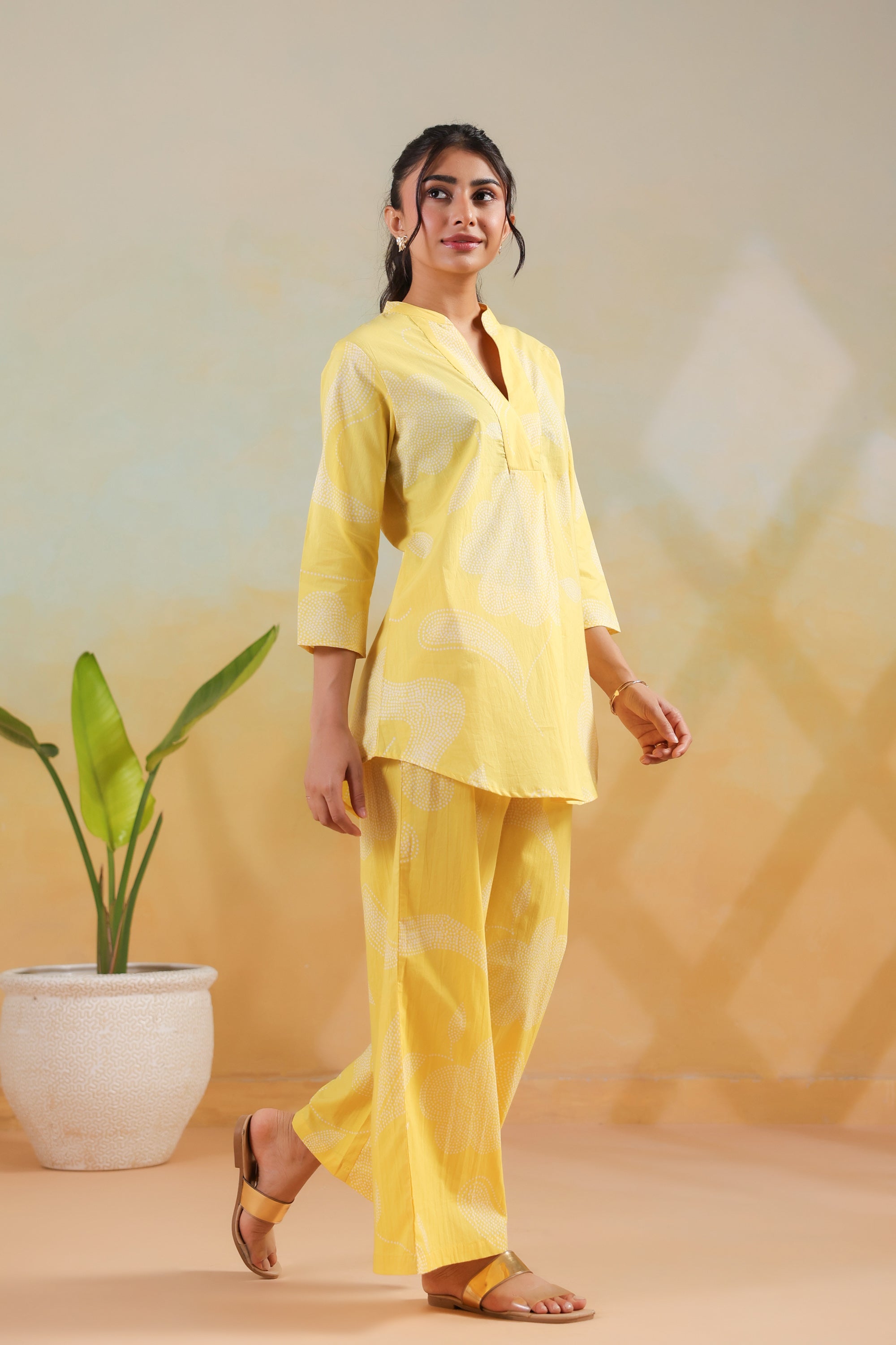 Pastel Yellow Floral Printed Casual Cotton Flex Co-ord Set