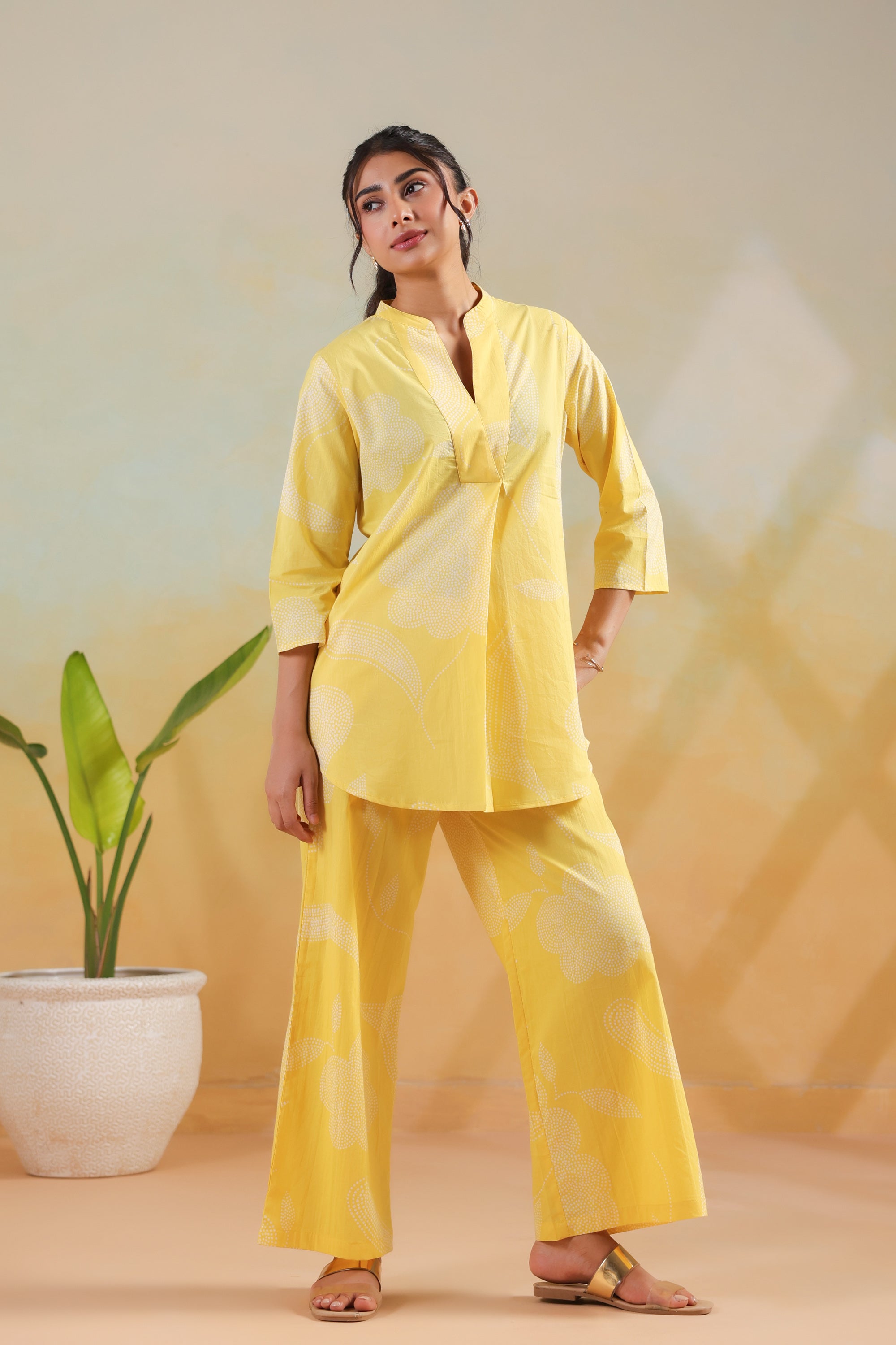 Pastel Yellow Floral Printed Casual Cotton Flex Co-ord Set