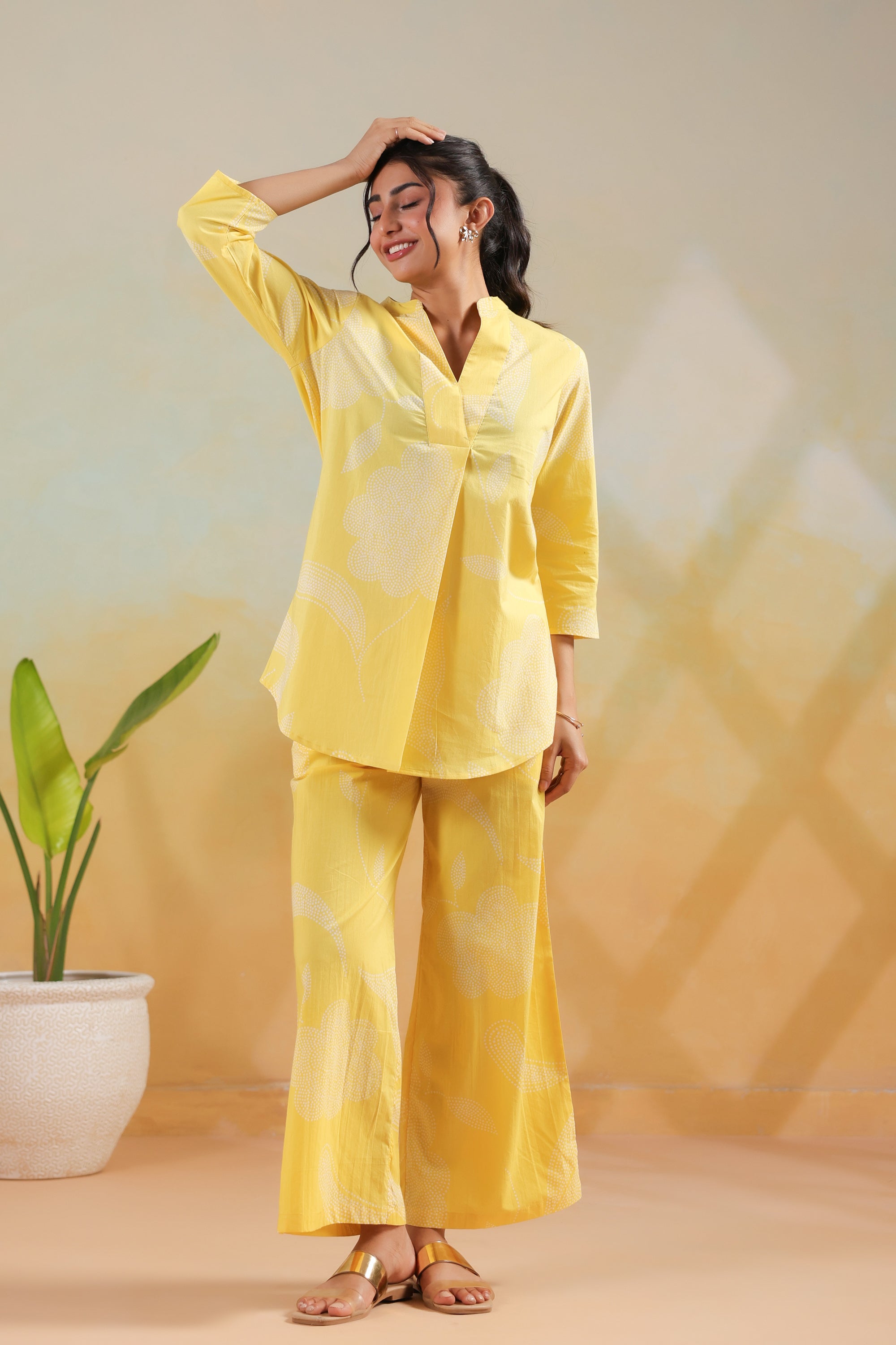 Pastel Yellow Floral Printed Casual Cotton Flex Co-ord Set