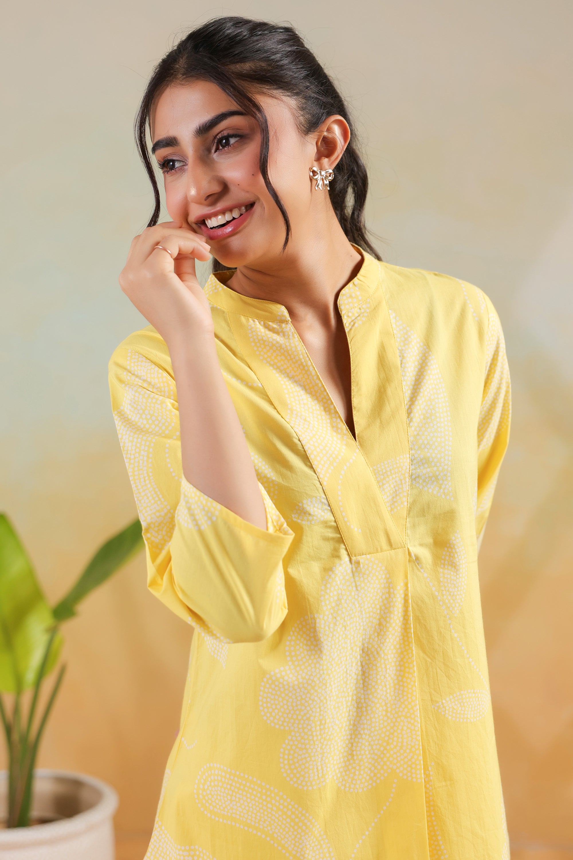 Pastel Yellow Floral Printed Casual Cotton Flex Co-ord Set