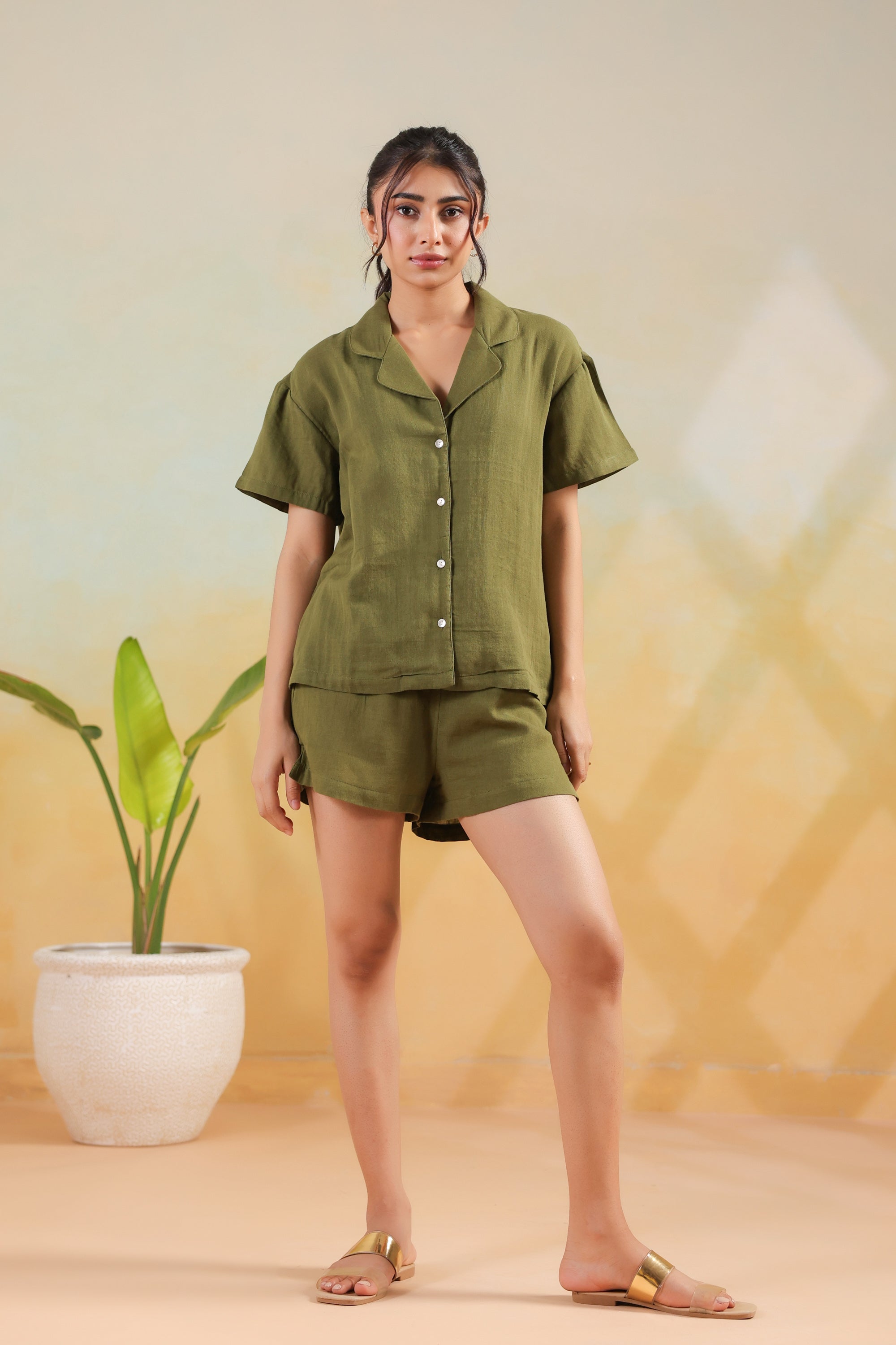 Solid Cotton Olive Short Sleeve Relaxed Fit Shorts Night Suit Set