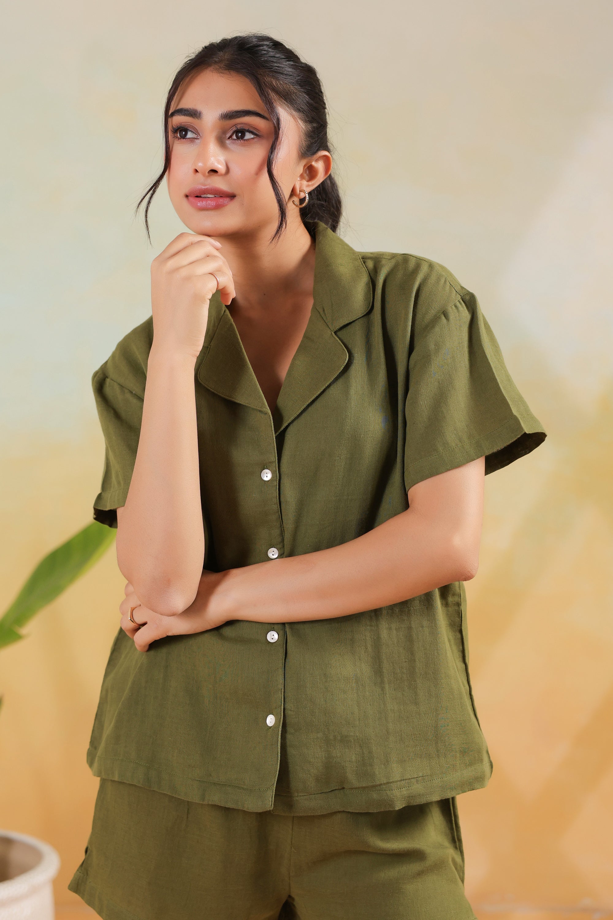 Solid Cotton Olive Short Sleeve Relaxed Fit Shorts Night Suit Set