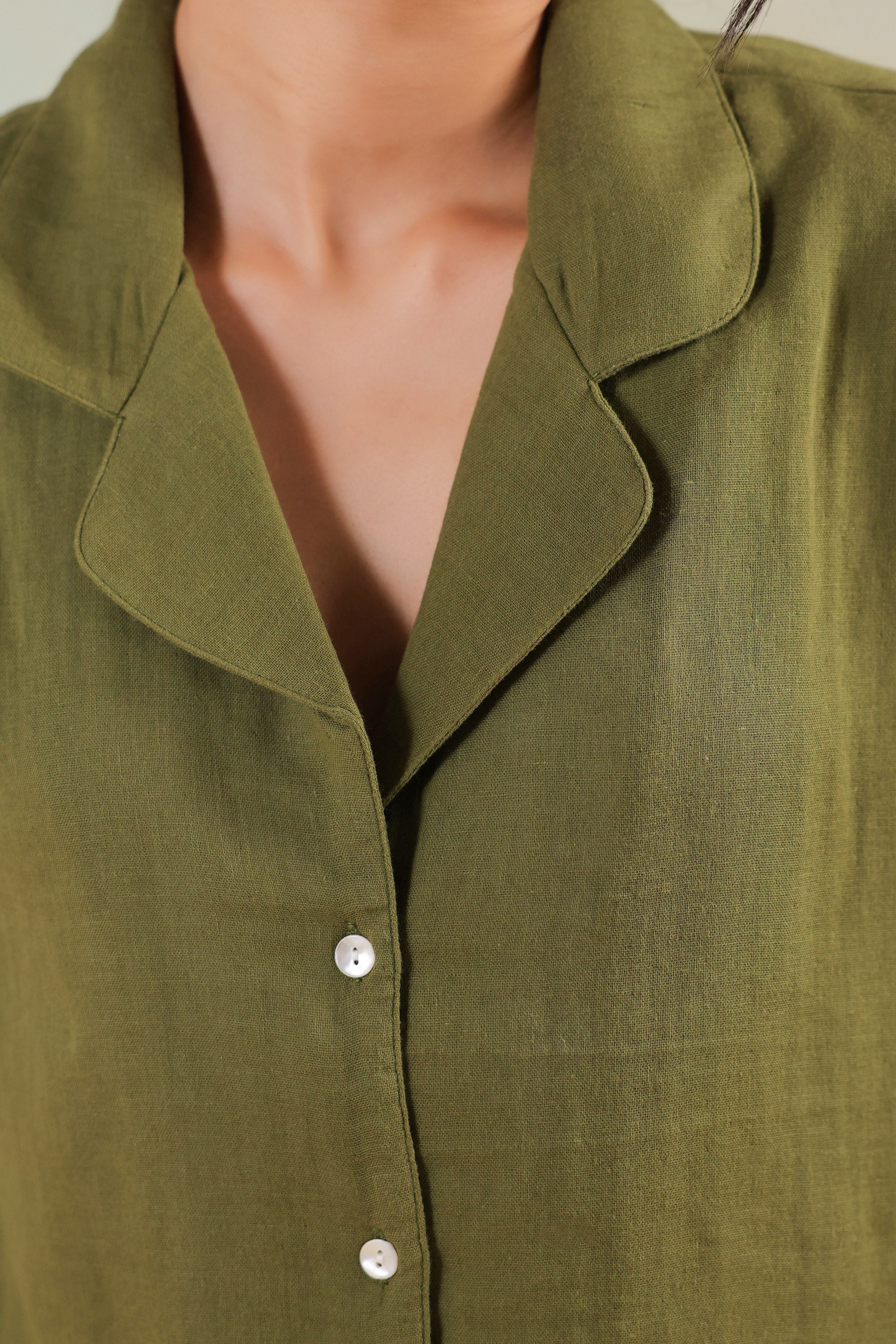 Solid Cotton Olive Short Sleeve Relaxed Fit Shorts Night Suit Set