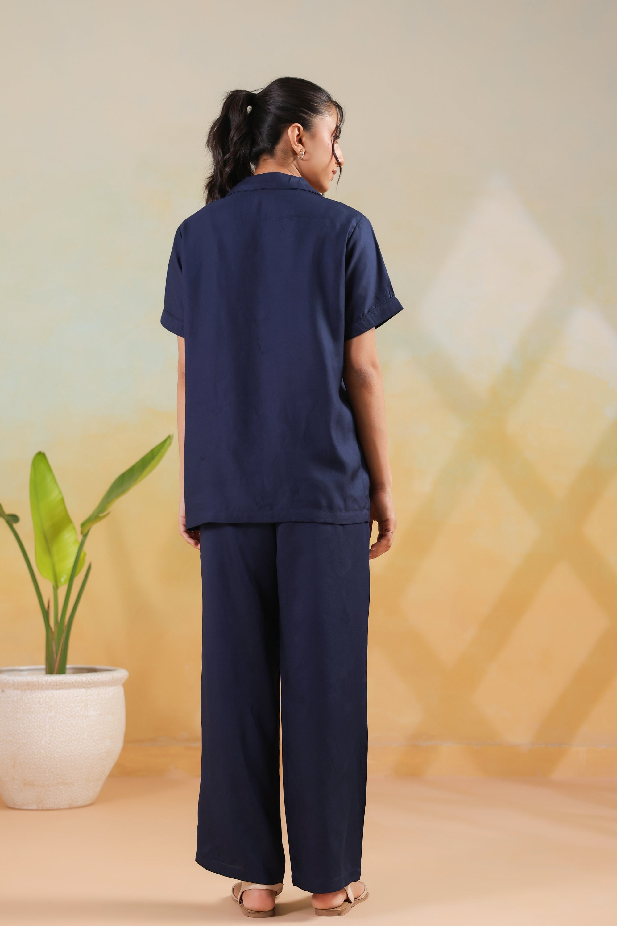 Navy Blue Solid Cotton Short Sleeve Shirt Button-Down Night Suit Set