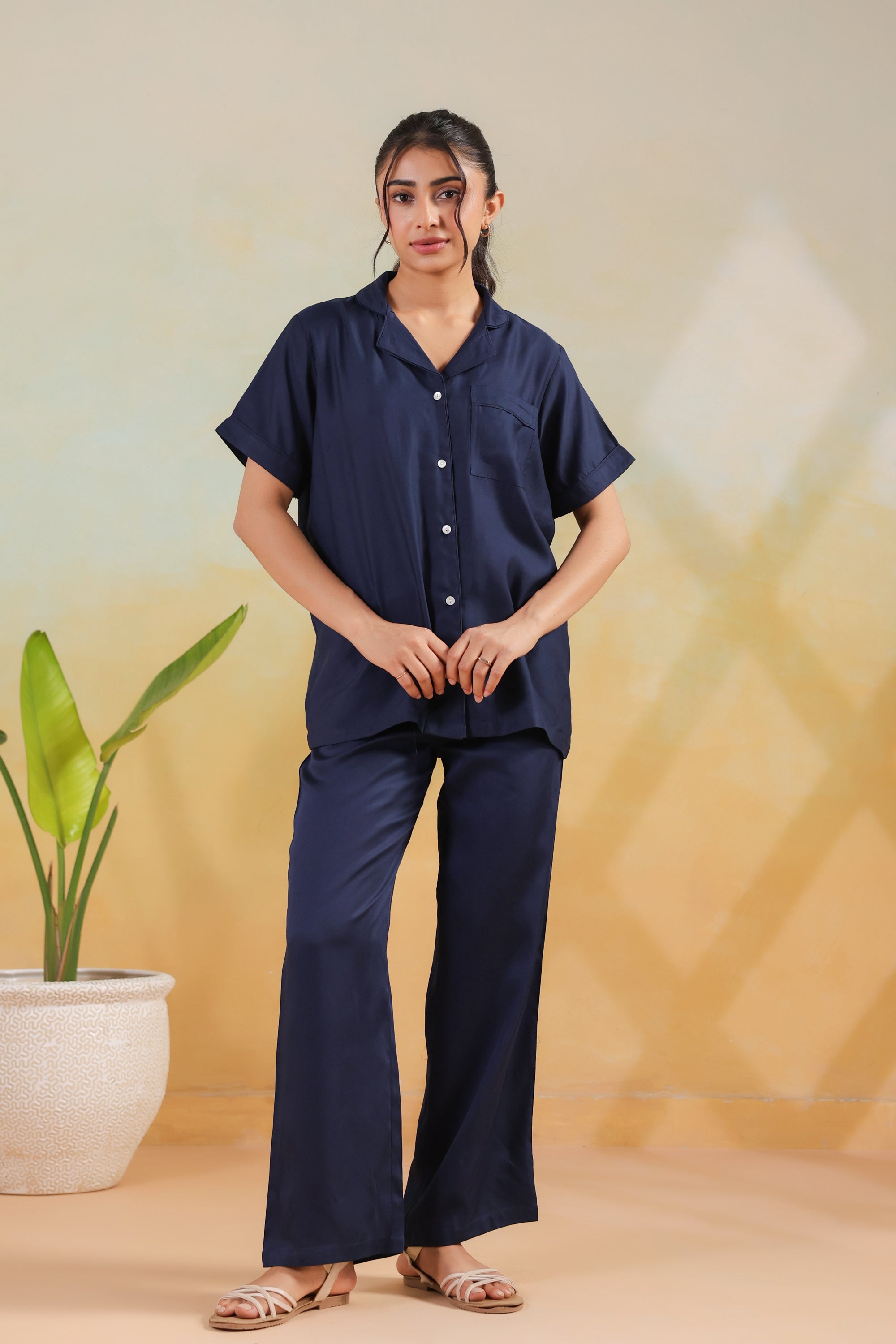Navy Blue Solid Cotton Short Sleeve Shirt Button-Down Night Suit Set