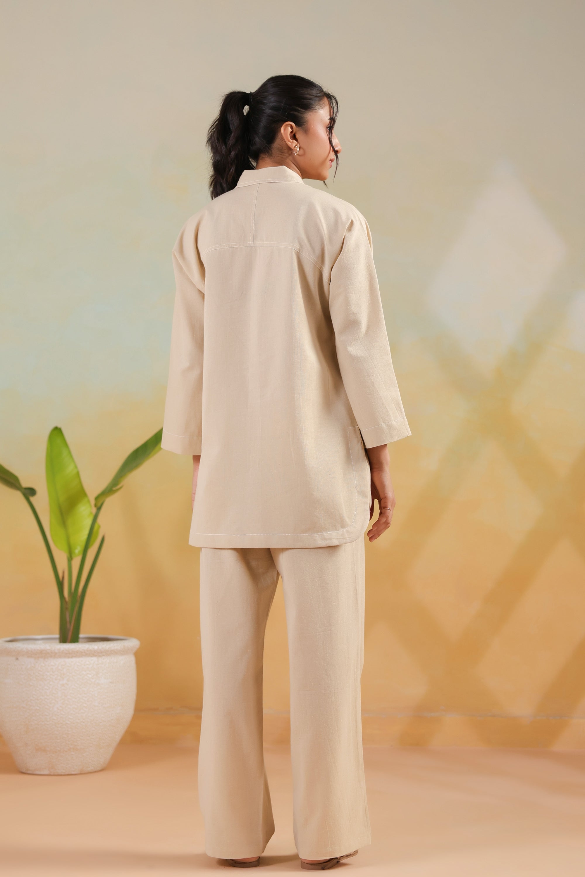 Beige Solid Cotton Flex Shirt Style Everyday Comfort Co-ord Set