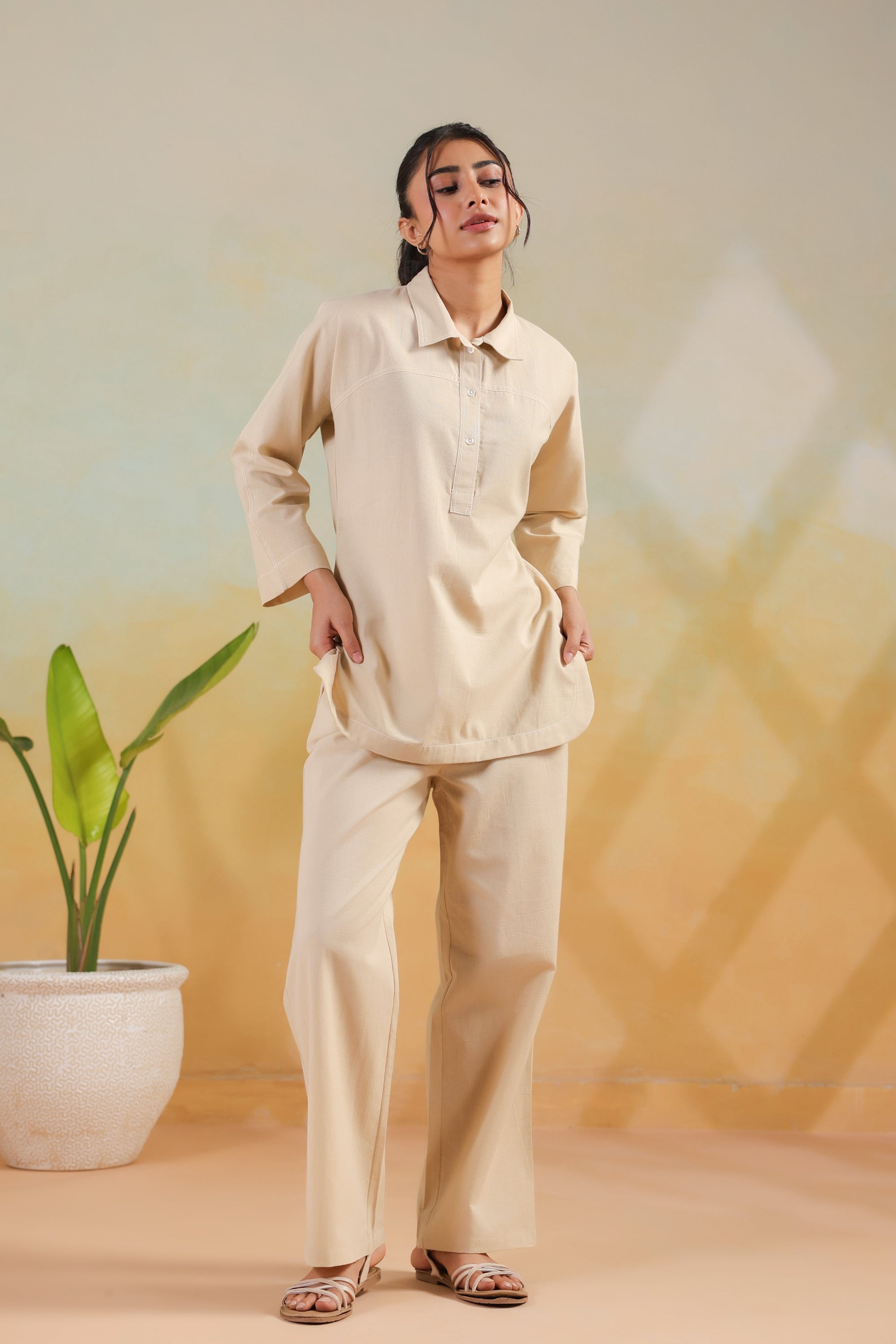 Beige Solid Cotton Flex Shirt Style Everyday Comfort Co-ord Set
