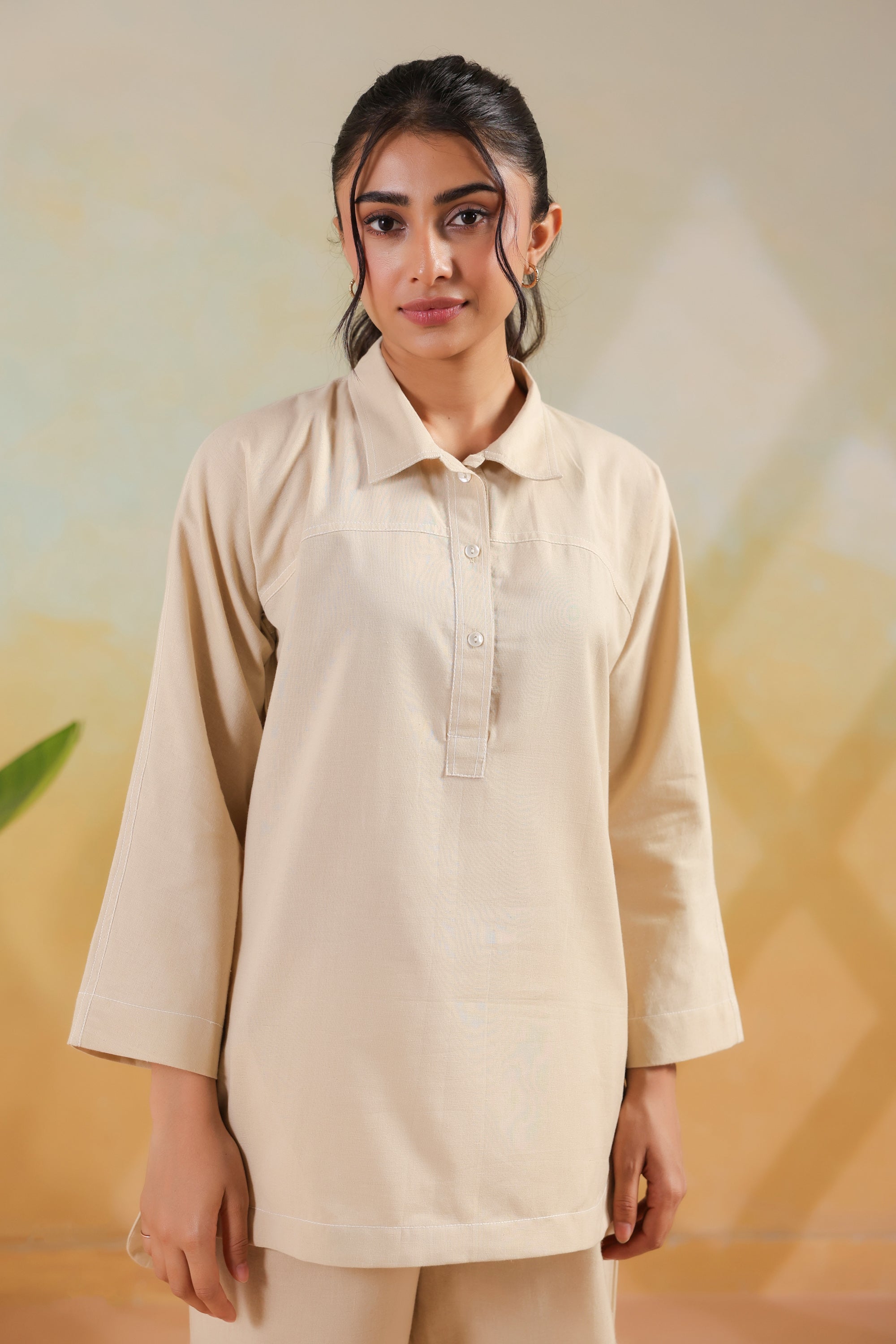 Beige Solid Cotton Flex Shirt Style Everyday Comfort Co-ord Set
