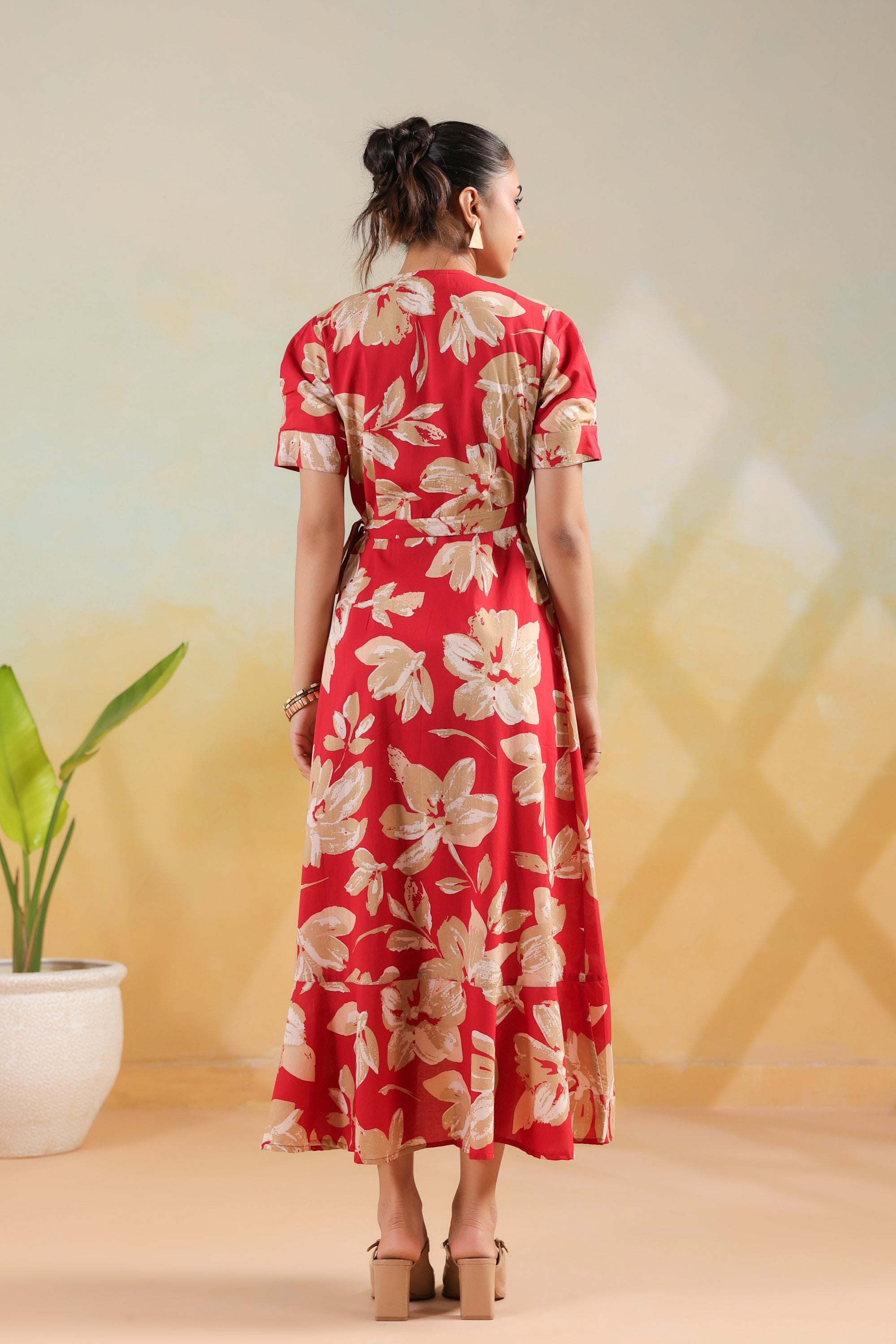 Red Floral Printed Cotton Wrap Style Dress with Tie Detail