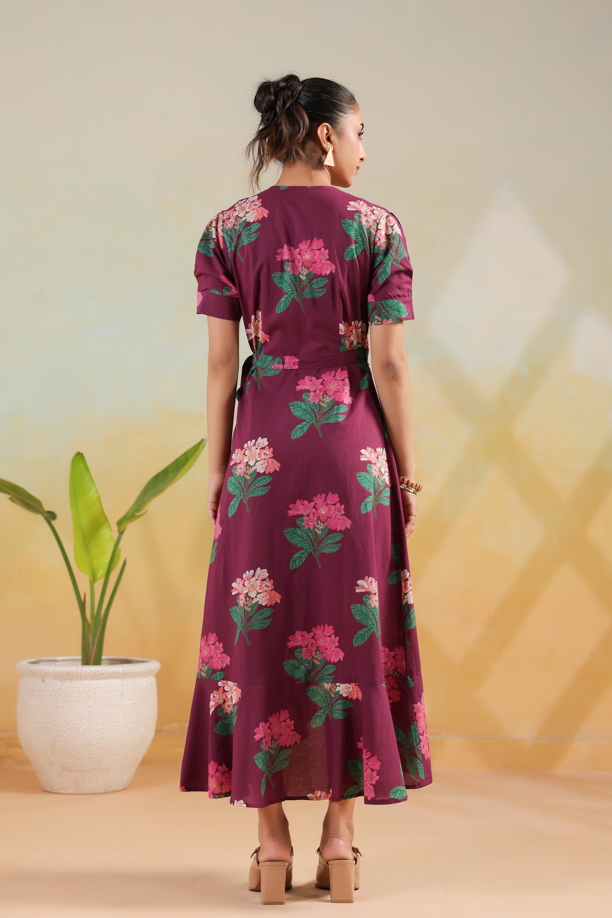 Purple Printed Cotton Floral A-Line Dress with Tie Detail