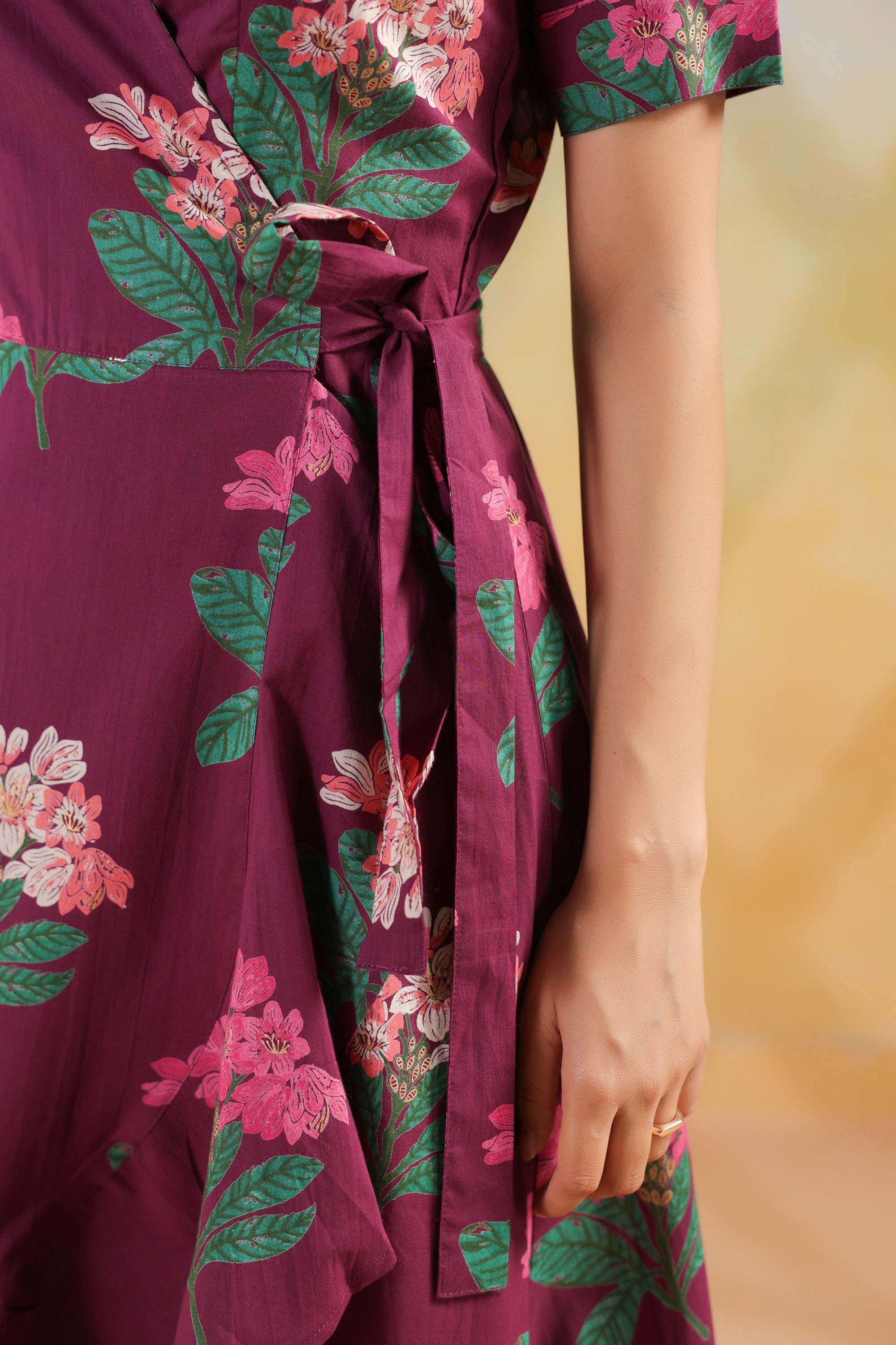 Purple Printed Cotton Floral A-Line Dress with Tie Detail