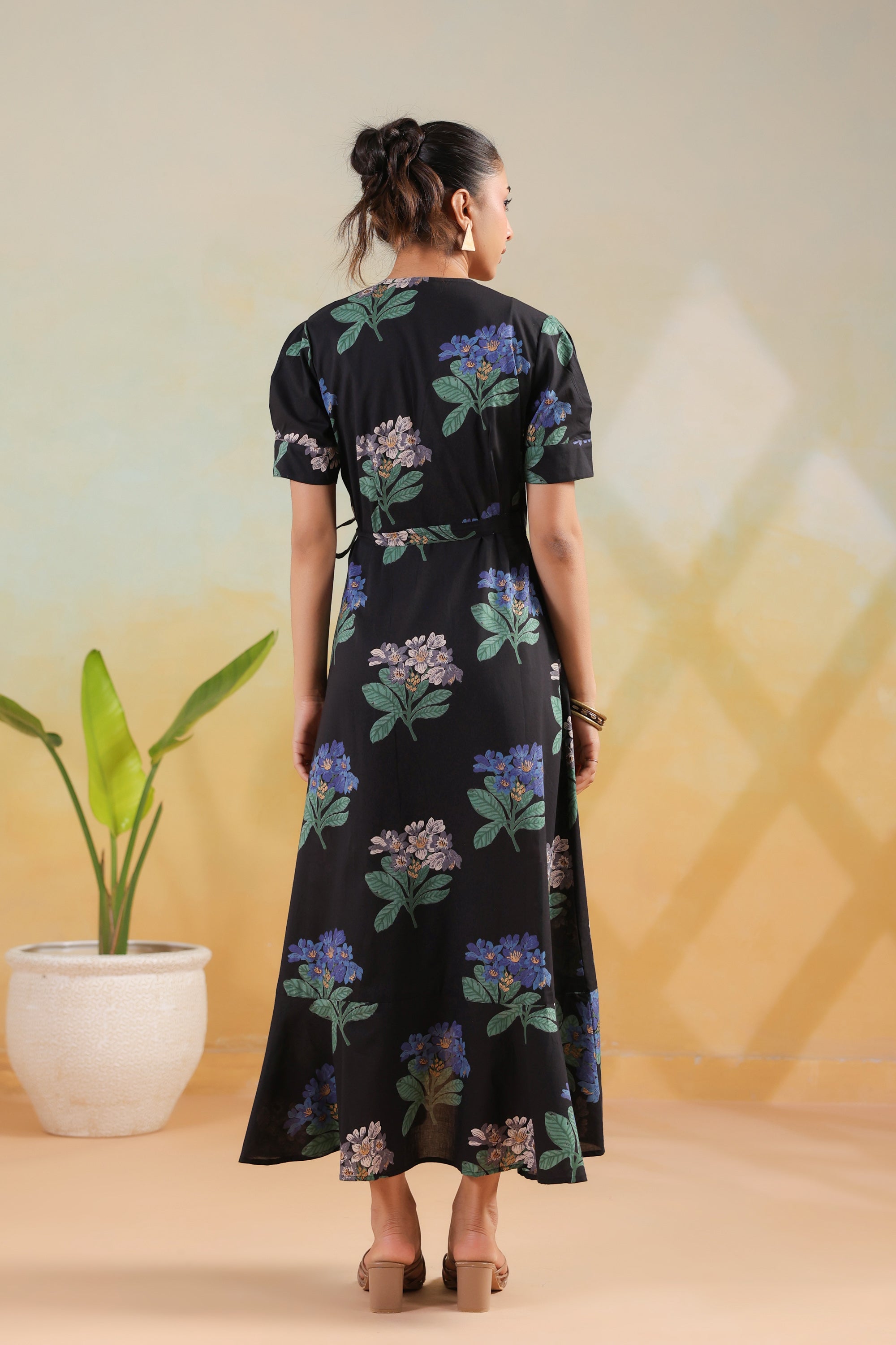 Black Printed Printed Cotton Blossom Wrap Dress with Tie Detail