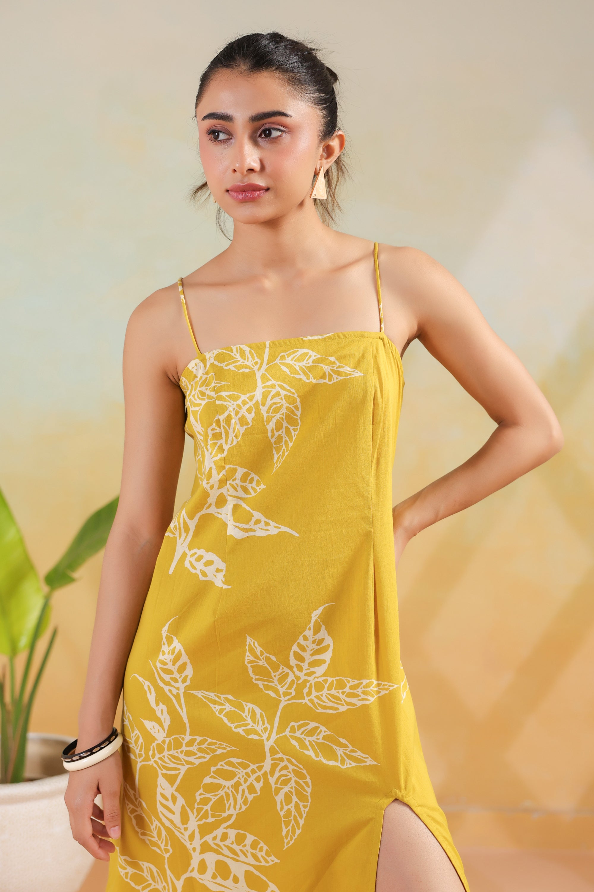 Mustard Leaf Printed Cotton Back Strappy Lace-Up Dress