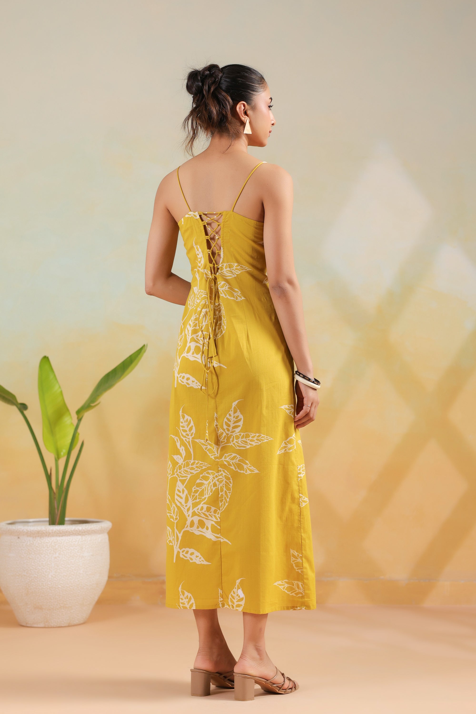 Mustard Leaf Printed Cotton Back Strappy Lace-Up Dress