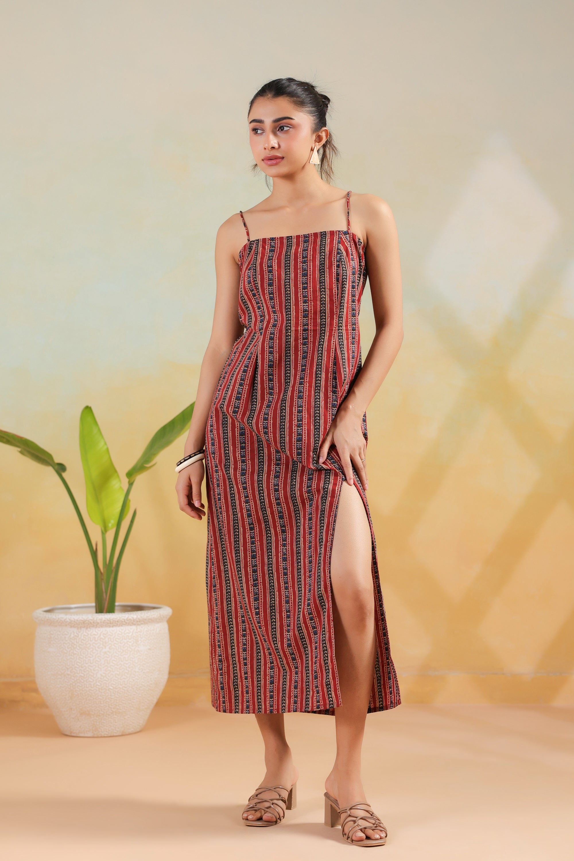 Maroon Tribal Stripe Printed Cotton Back Lace-Up Dress
