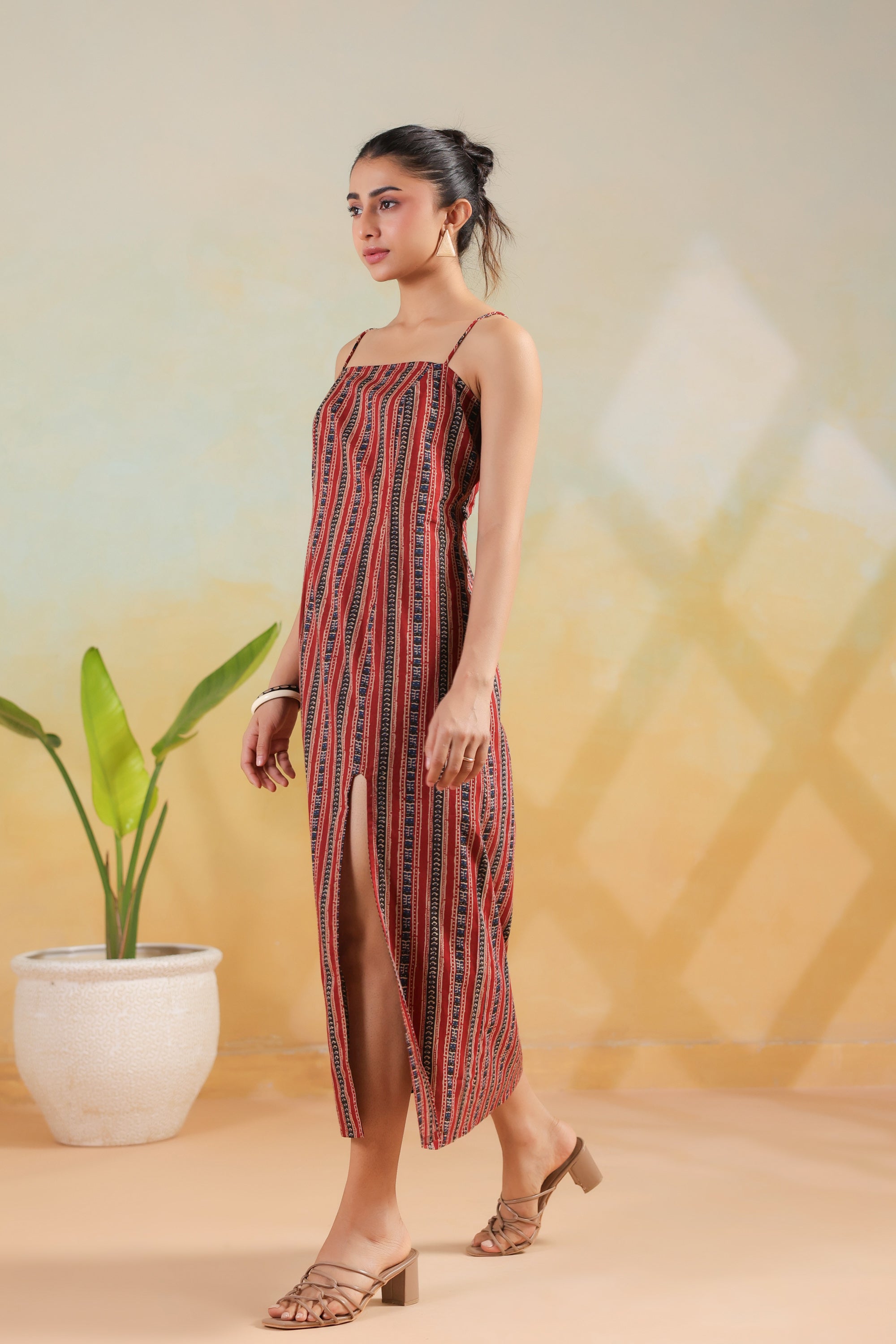 Maroon Tribal Stripe Printed Cotton Back Lace-Up Dress