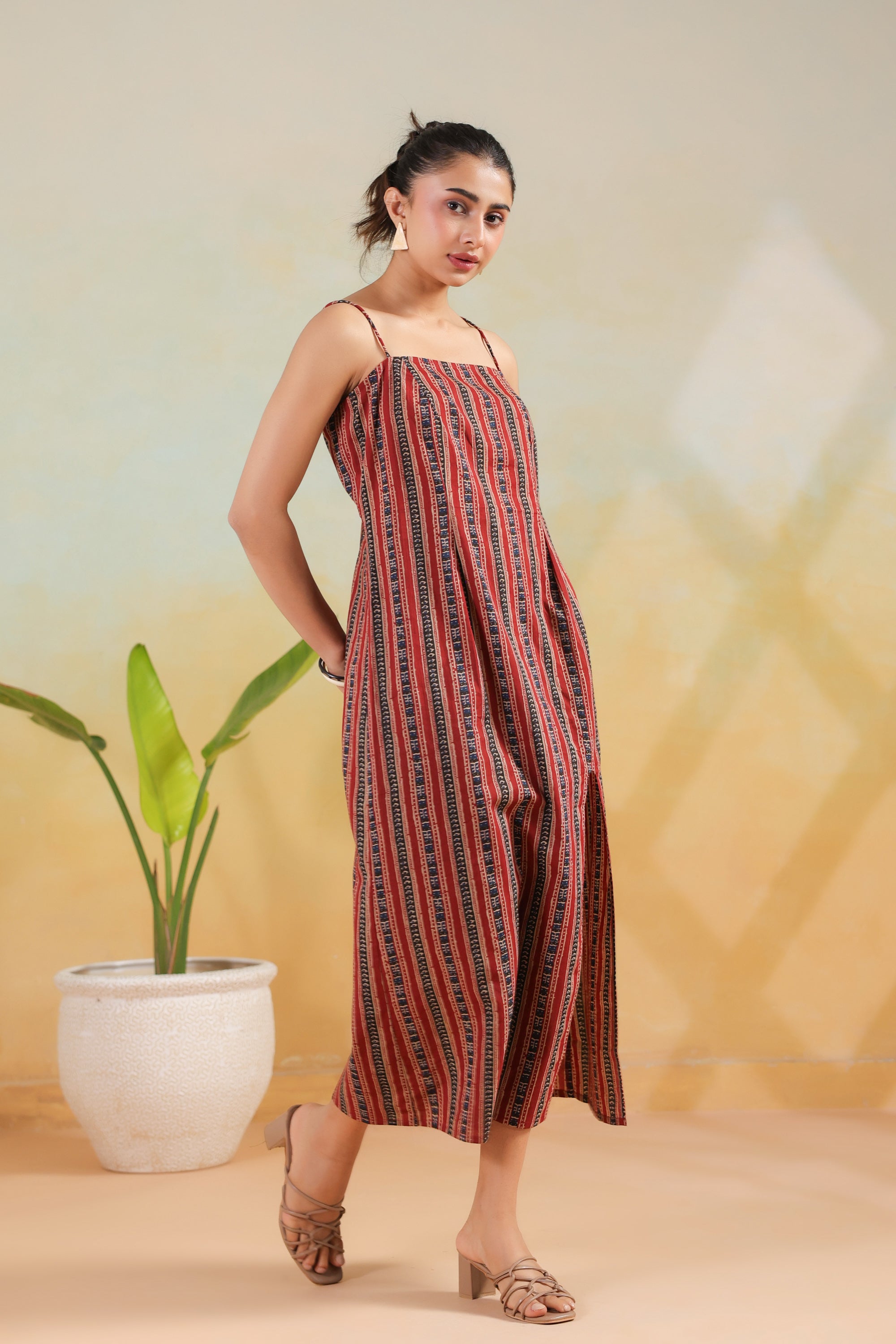 Maroon Tribal Stripe Printed Cotton Back Lace-Up Dress