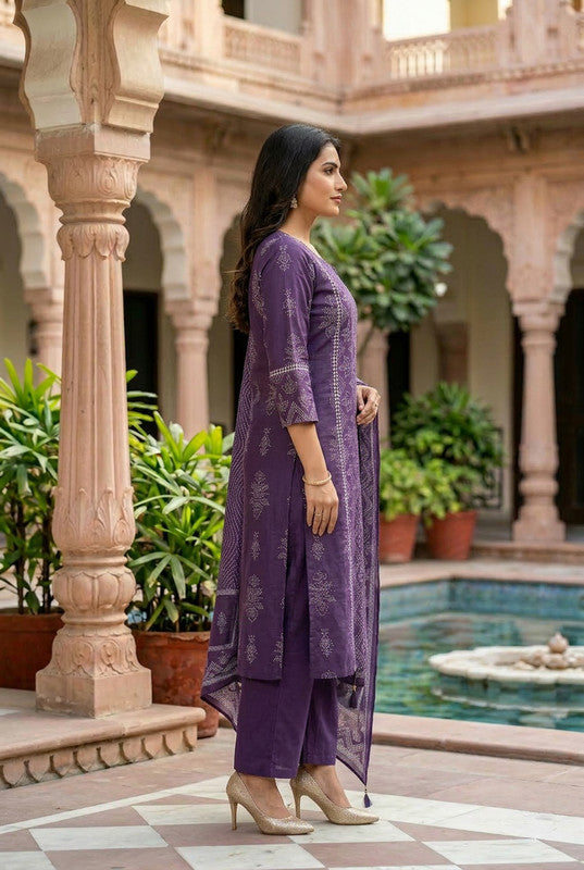 Royal Purple Heritage Printed Cotton Kurta Set with Dupatta