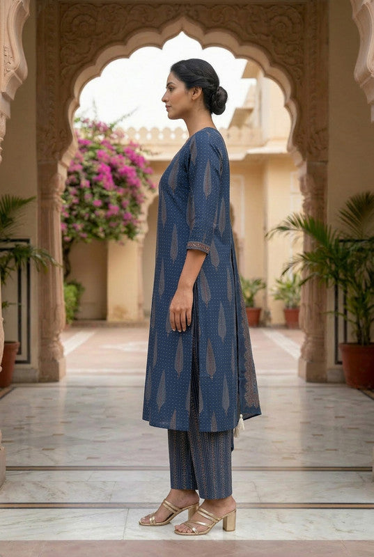 Blue Paisley Ajrakh Inspired Cotton Printed Kurta Set with Dupatta