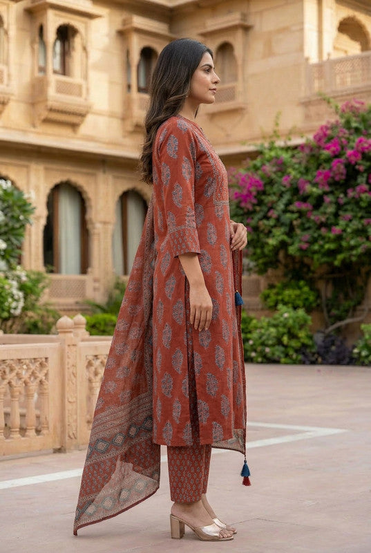 Maroon Traditional Occasionwear Printed Cotton Kurta Set with Dupatta