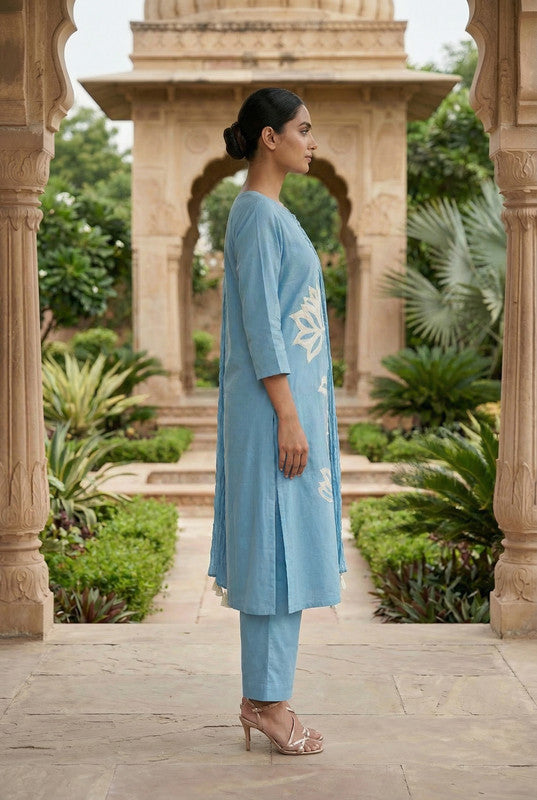 Blue Lotus Placement Embroidered Cotton Kurta Set with Dupatta