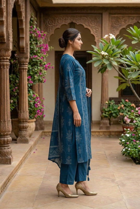 Jaipur Blue Handcrafted Printed Cotton Kurta Set with Tassel Dupatta