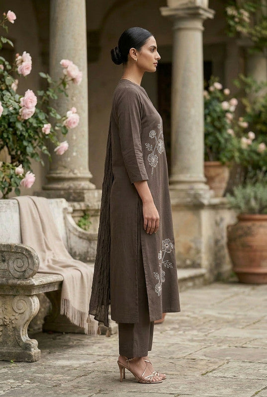 Brown Floral Embroidered Ethnic Cotton Kurta Pant with Matching Dupatta
