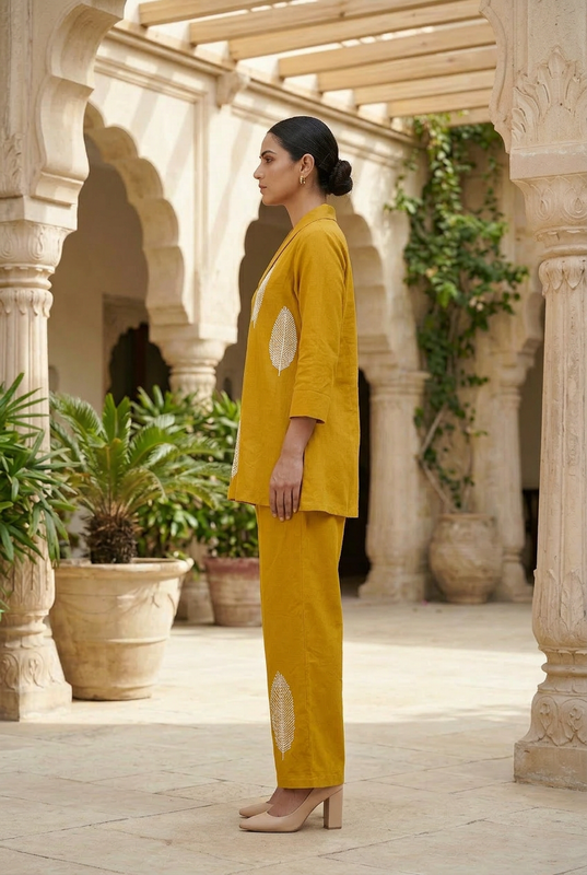Mustard Nature Leaf Embroidered Two-Piece Cotton Co-ord Set
