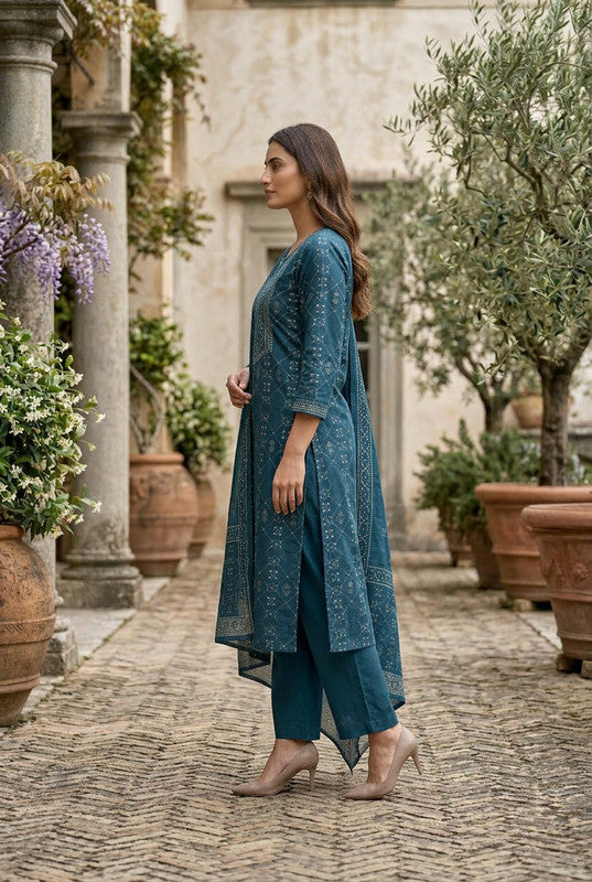 Teal Mughal Heritage Printed Cotton Kurta Set with Dupatta