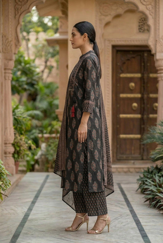 Black Ajrakh Inspired Printed Cotton Kurta Pant Dupatta Set