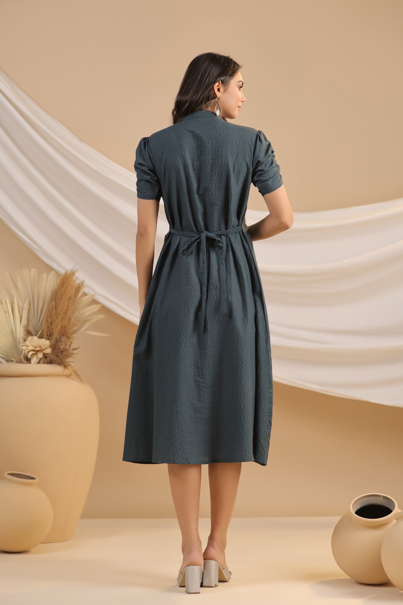 Greige Cotton Flex Pintuck Cotton Flex Dress