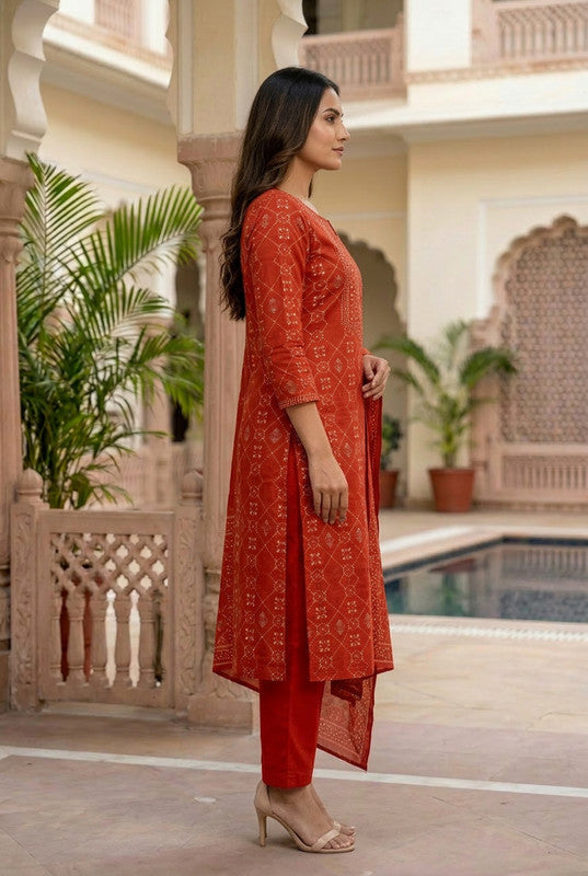 Red Zari Traditional Inspired Cotton Printed Kurta Set with Dupatta