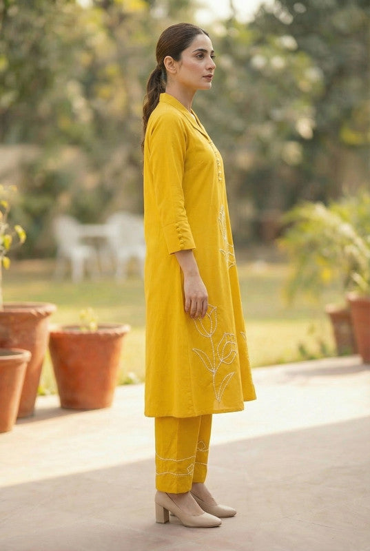Mustard Embroidered Tulip Floral Threadwork Two-Piece Cotton Co-ord Set