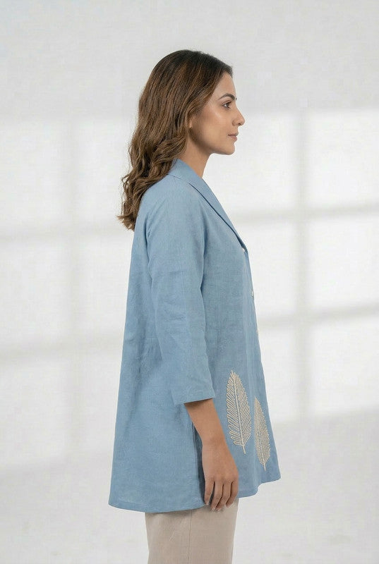 Blue Leaf Motif Embroidered Cotton Flex Relaxed Fit Shirt Style Top