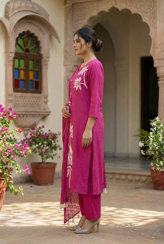 Pink Floral Bloom Embroidered Ethnic Cotton Kurta Set with Dupatta