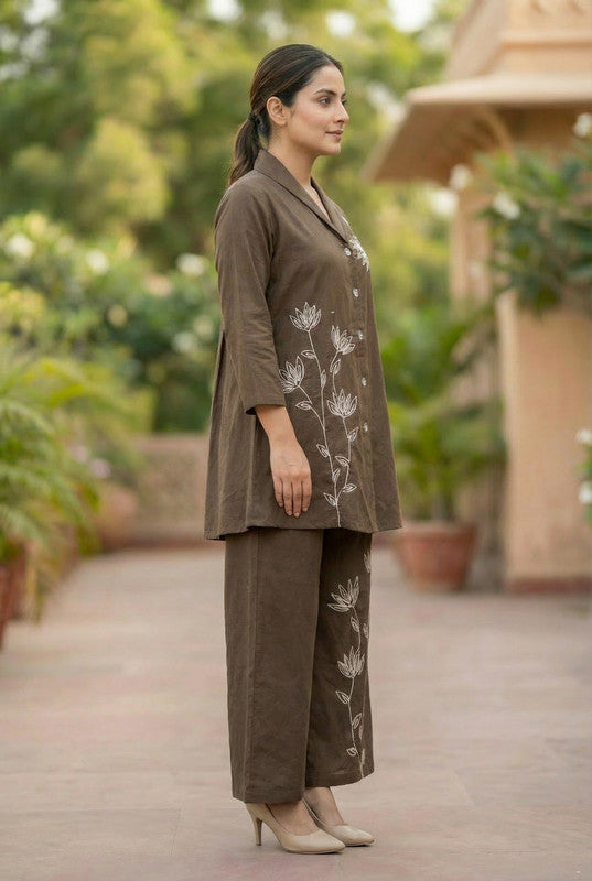 Coffee Brown Embroidered Floral Line Cotton Co-ord Set