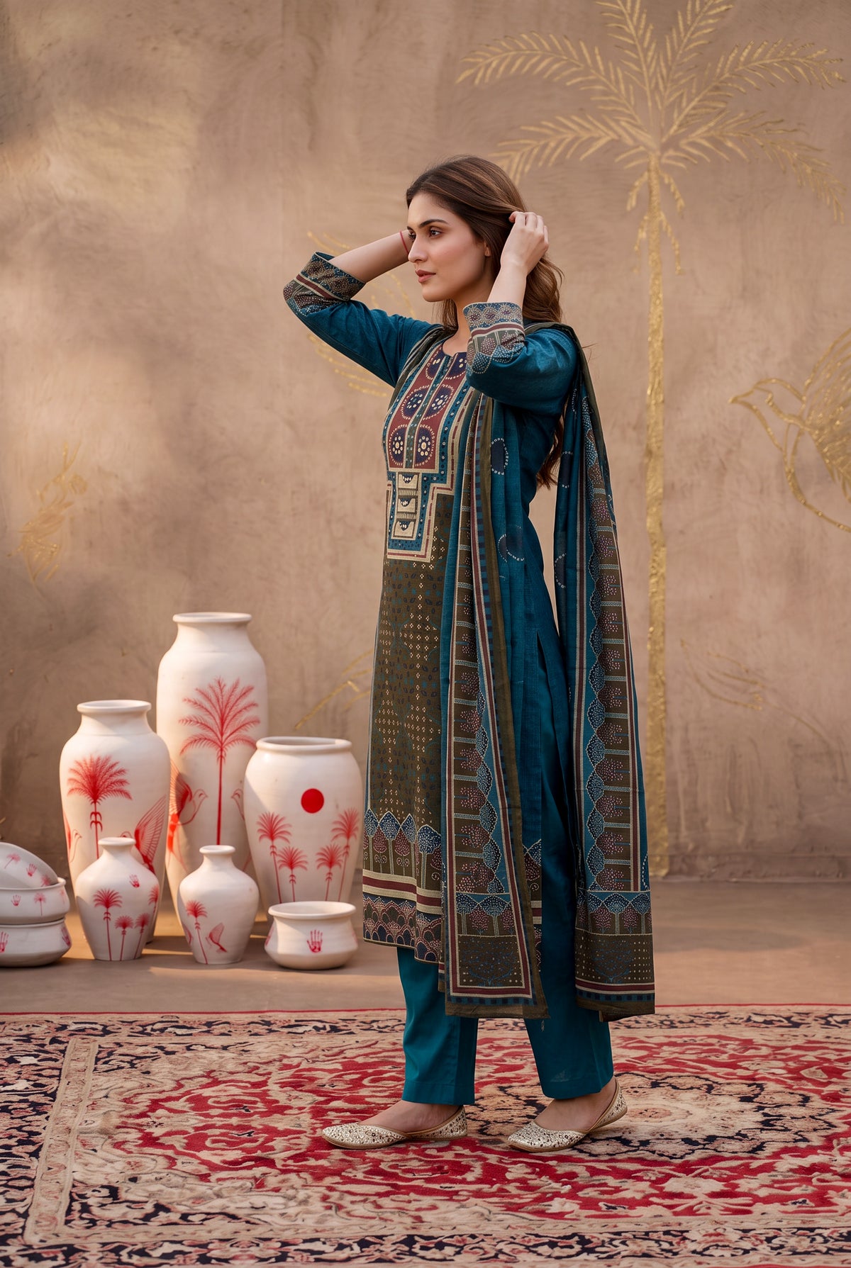 Teal Blue Printed Cotton Kurta Set with Dupatta