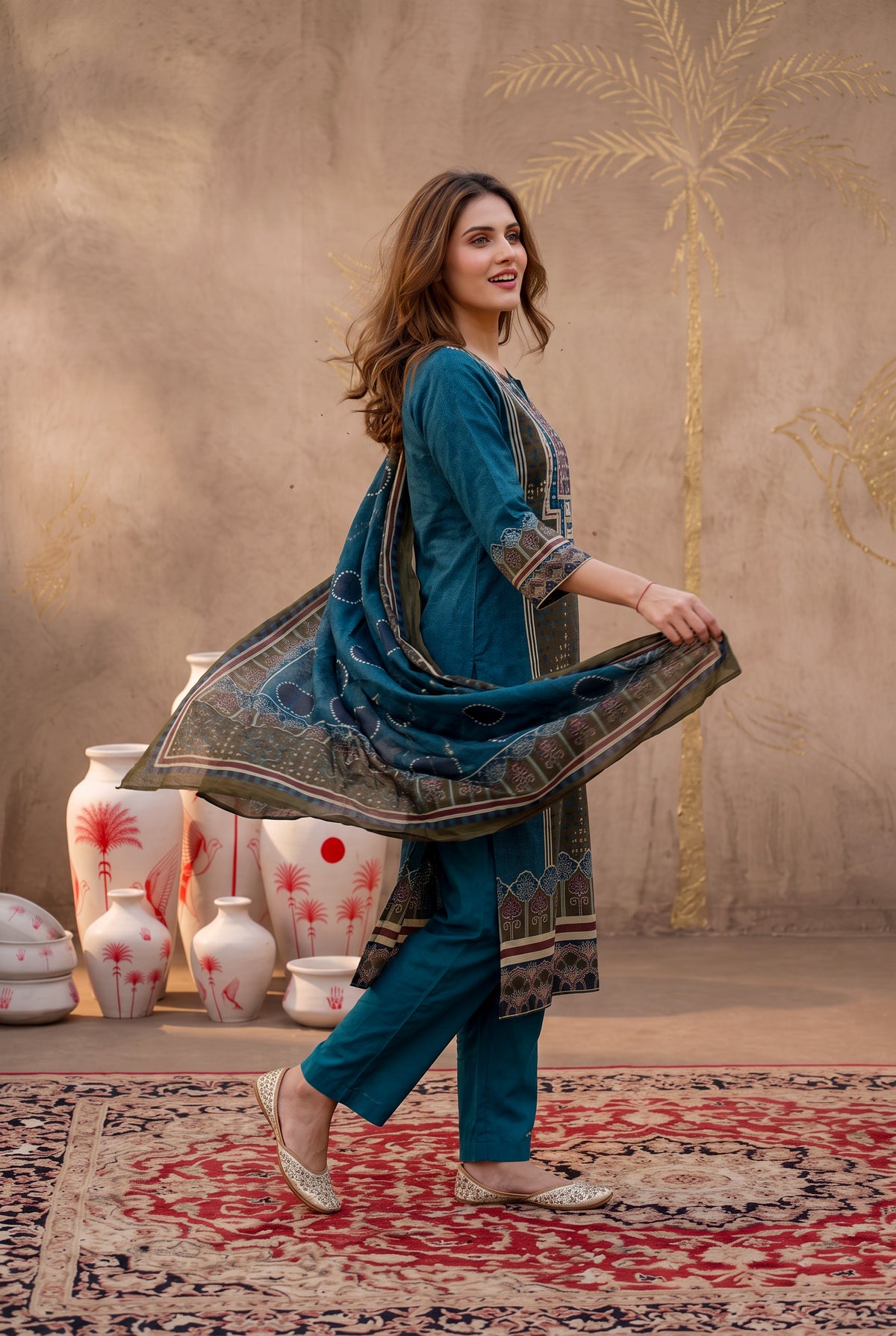 Teal Blue Printed Cotton Kurta Set with Dupatta