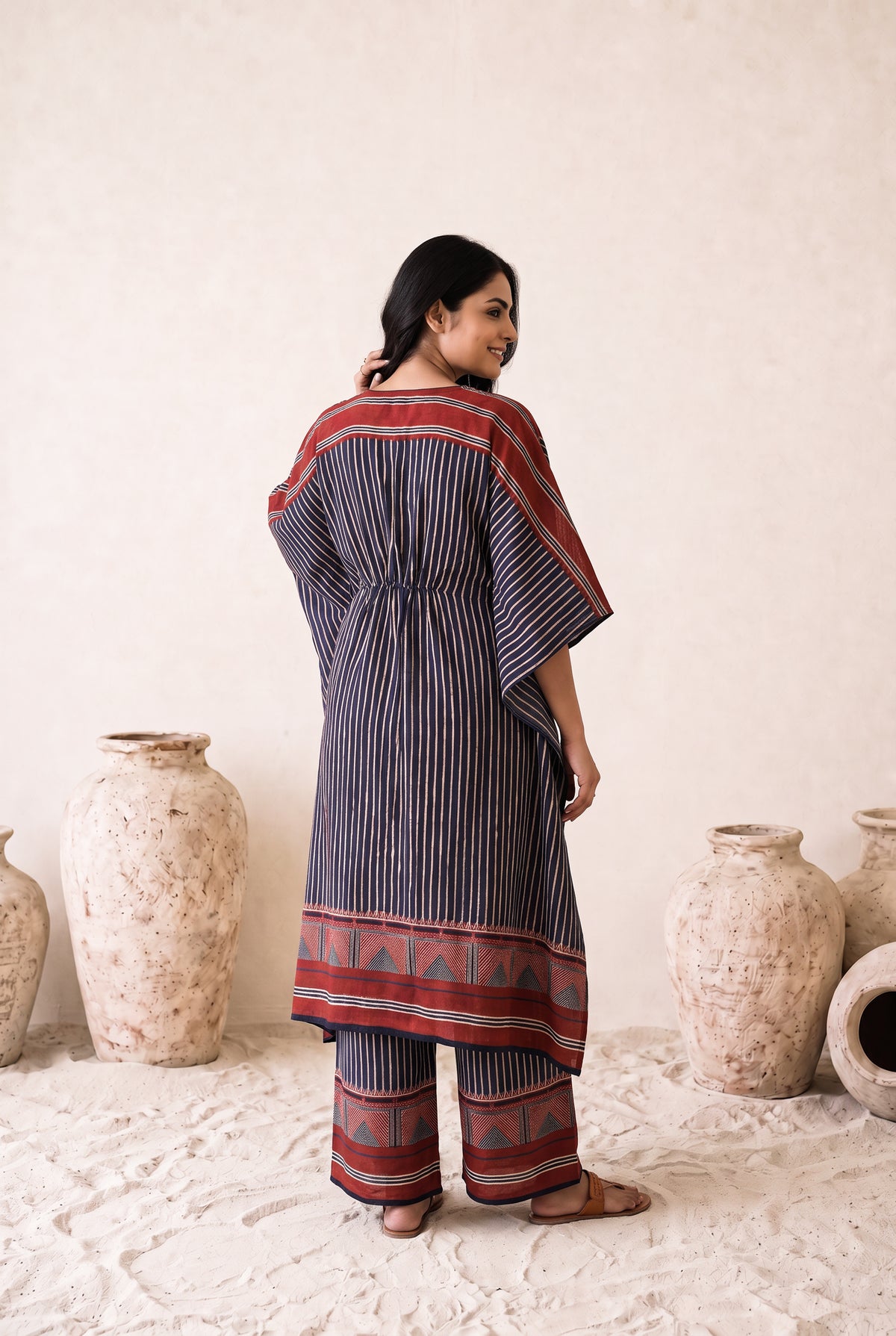 Amaira Navy Blue & Red Floral Printed Muslin Kaftan Set