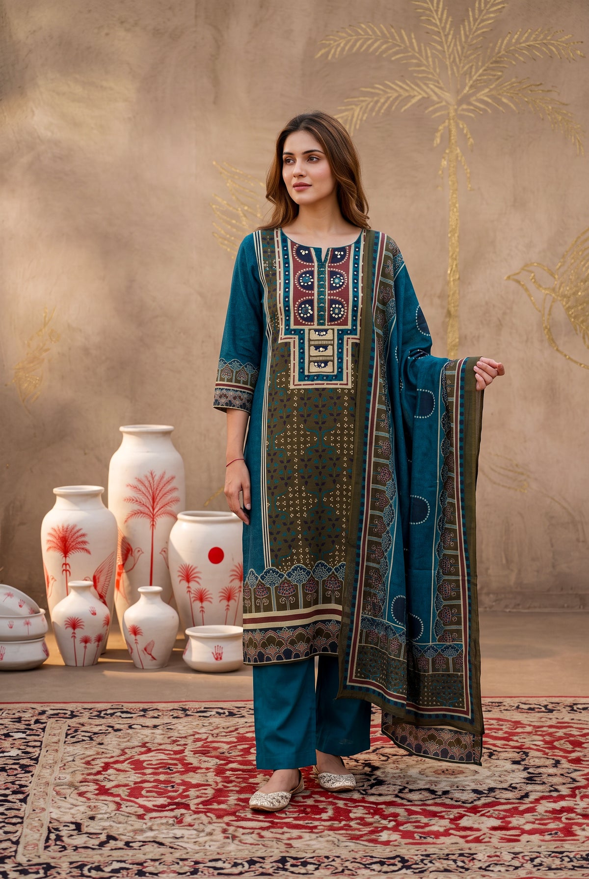 Teal Blue Printed Cotton Kurta Set with Dupatta
