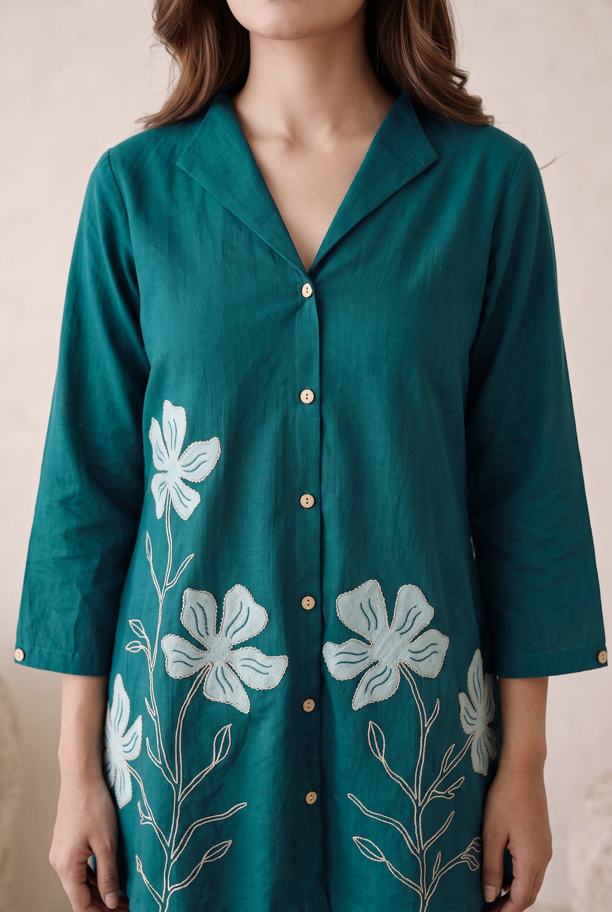 Teal Grace Floral Embroidered Cotton Flex Co-ord Set