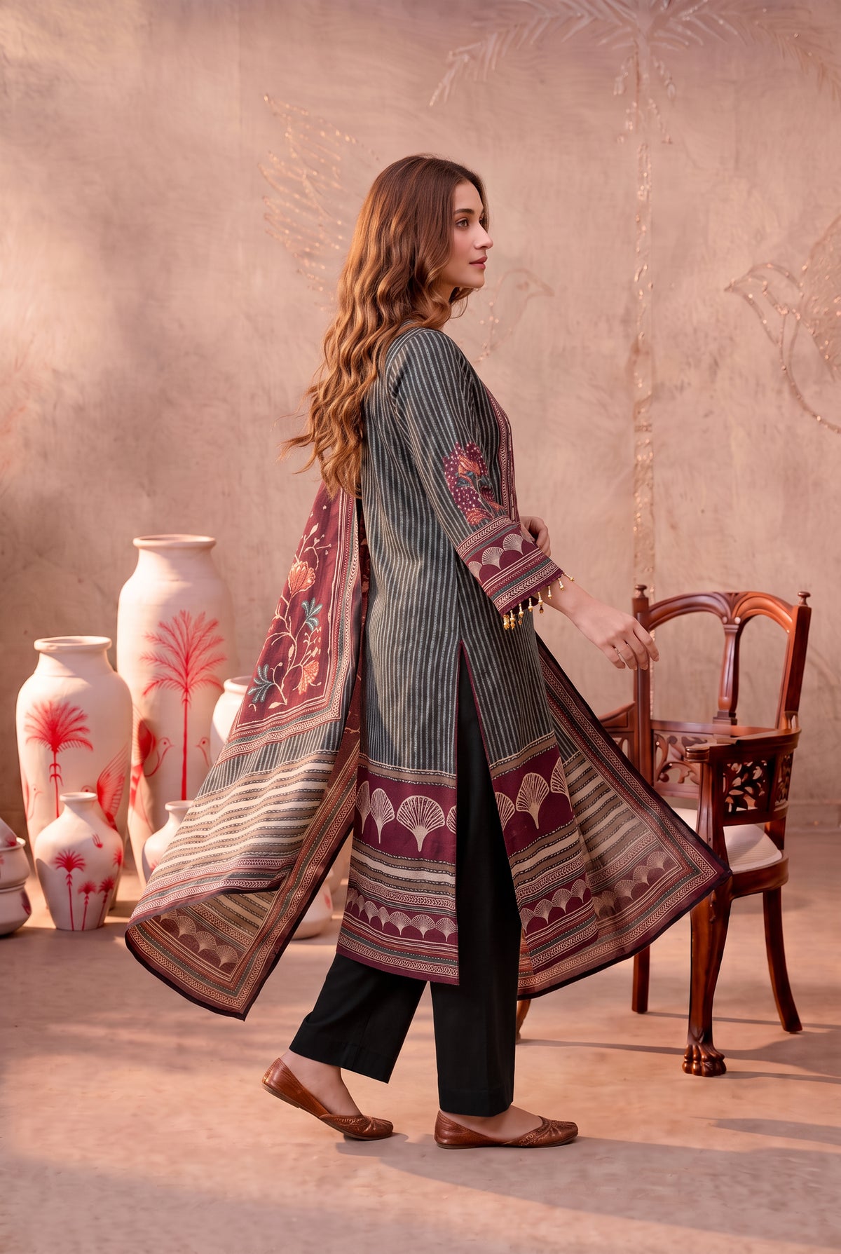 Multicolour Printed Natural Crepe Kurta Set with Dupatta
