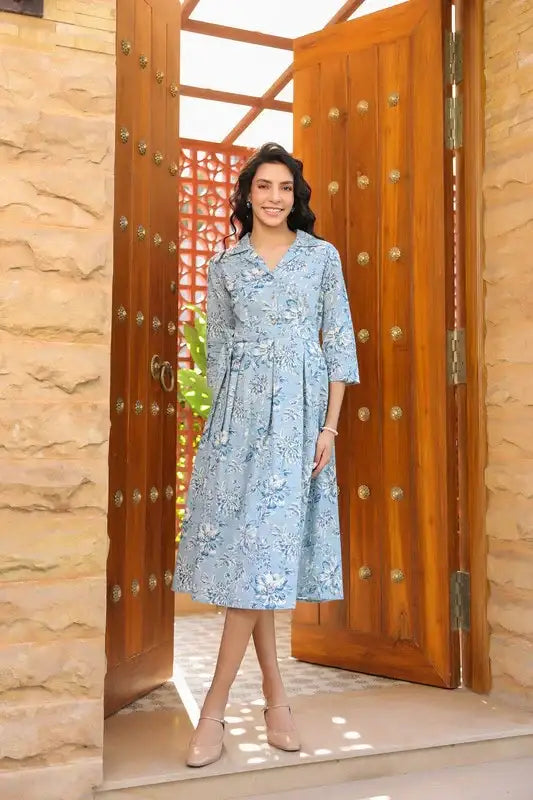 Powder Blue Floral Charm Cotton Flex Dress
